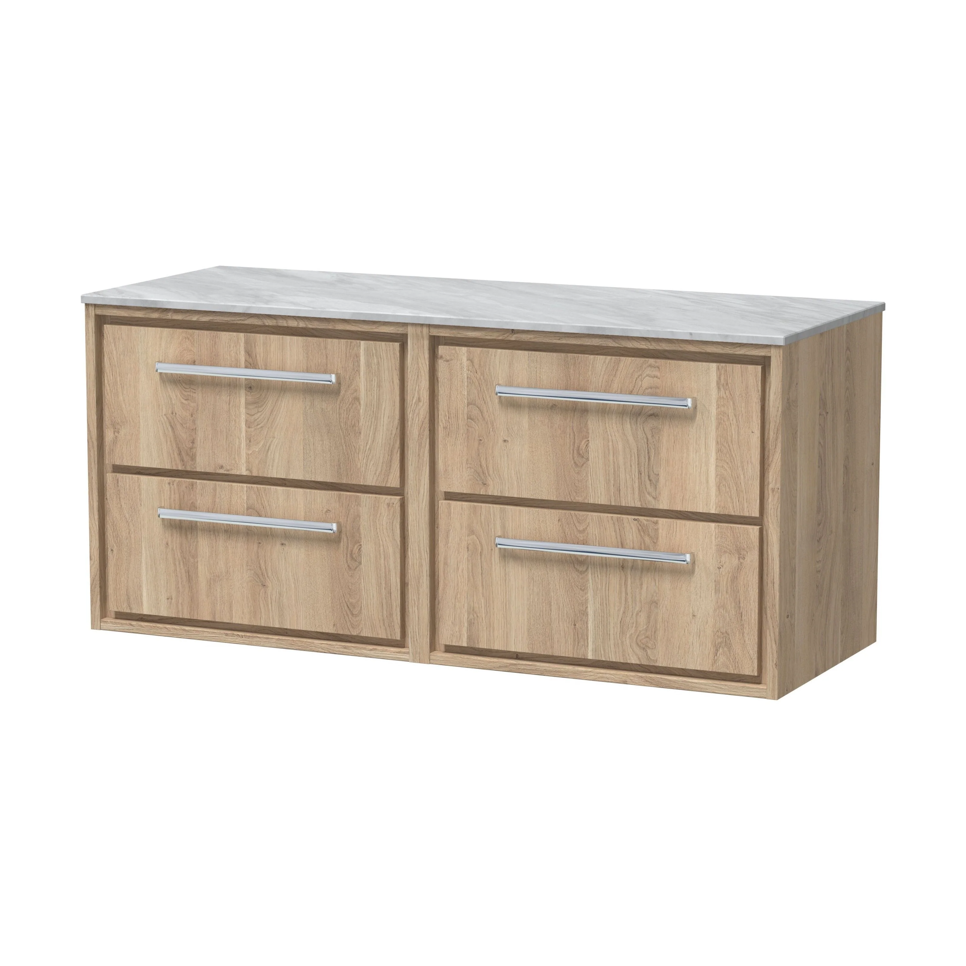 Longnor 4 Drawer Wall Hung Vanity Unit with Grey Marble Worktop, Light Oak, 600mm