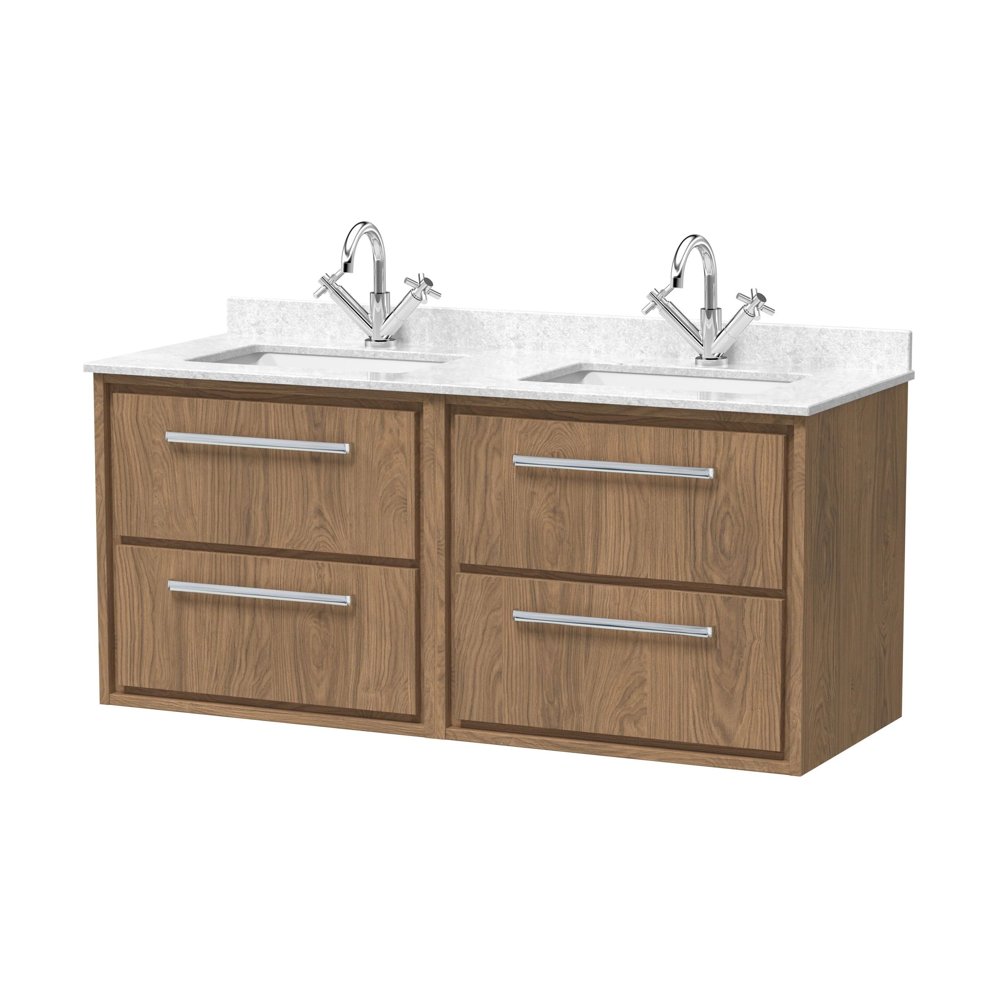 Longnor 4 Drawer Wall Hung Vanity Unit with Square Basin and Marble Worktop, Antique Oak, 1200mm