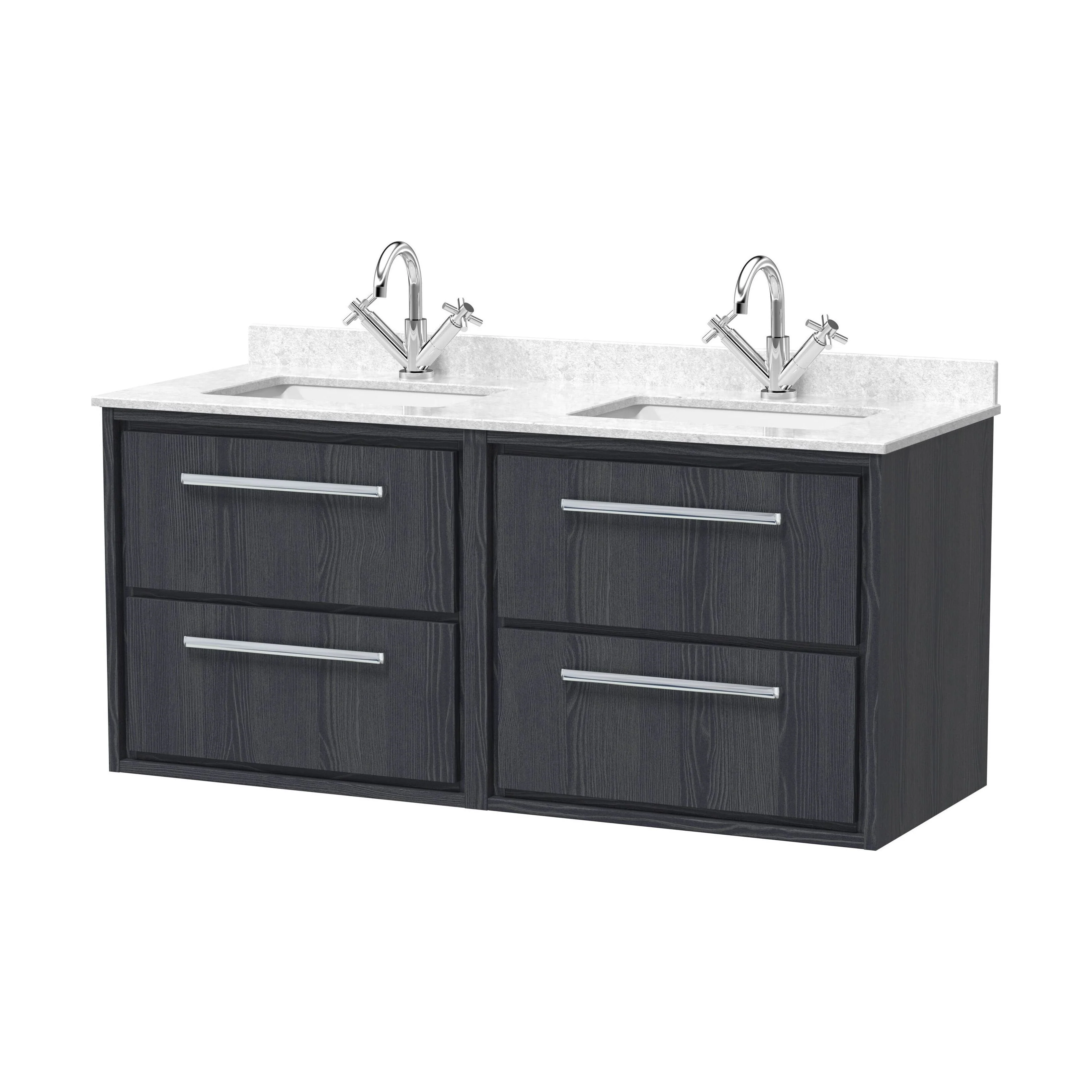 Longnor 4 Drawer Wall Hung Vanity Unit with Square Basin and Marble Worktop, Woodgrain Graphite Grey, 1200mm