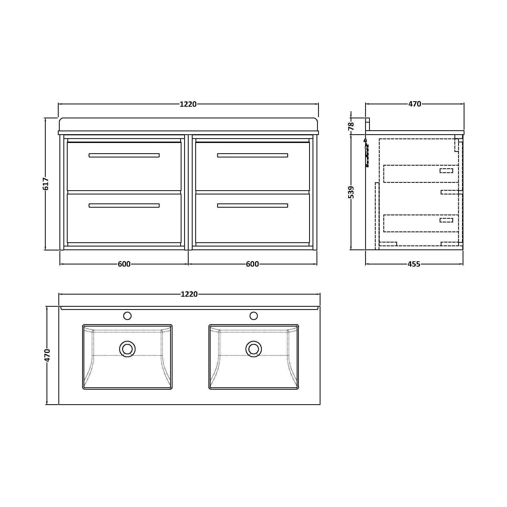 Longnor 4 Drawer Wall Hung Vanity Unit with Square Basin and Marble Worktop, Woodgrain Graphite Grey, 1200mm - Image 2