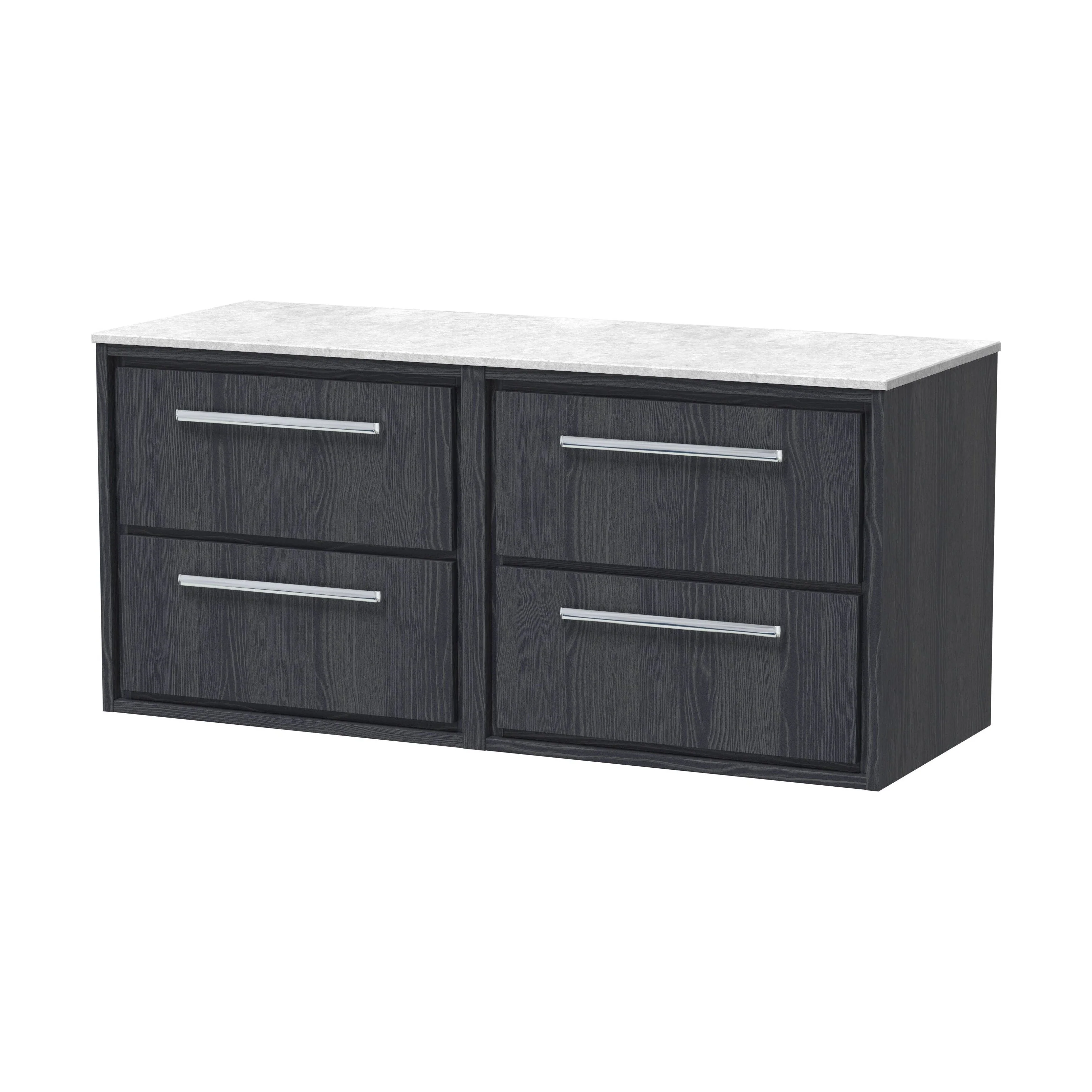 Longnor 4 Drawer Wall Hung Vanity Unit with White Marble Worktop, Woodgrain Graphite Grey, 600mm