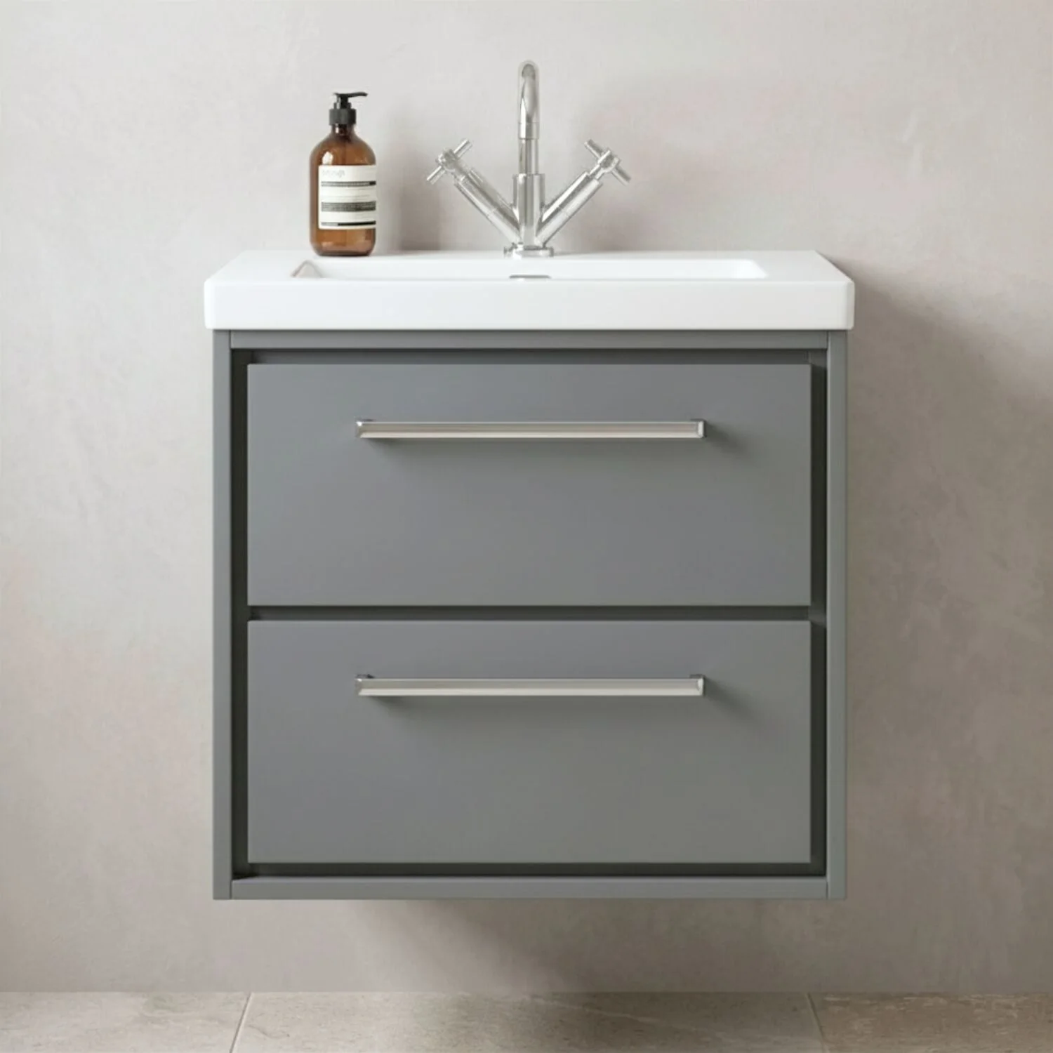 Longnor Modern 2 Drawer Wall Hung Vanity Basin Unit with Modern Fireclay Sink, Choice of Size and Colour
