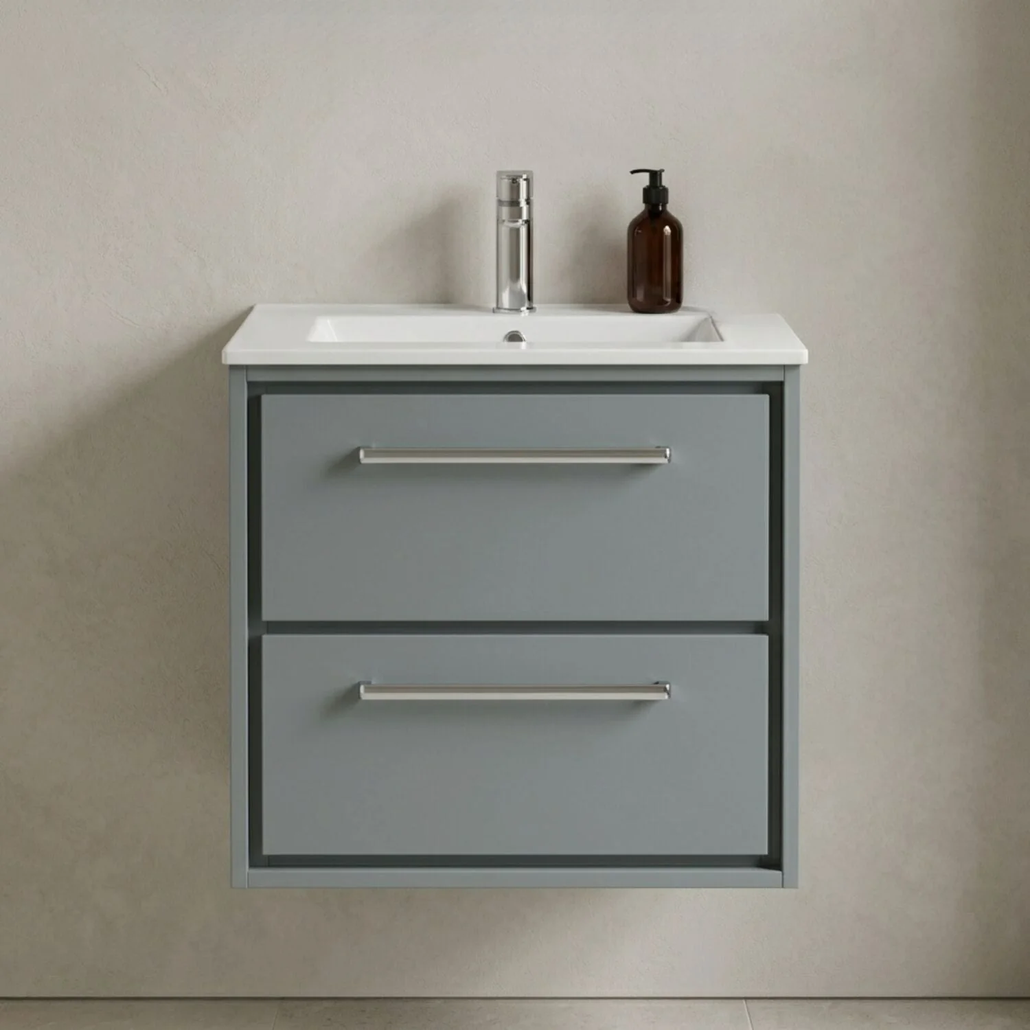 Longnor Modern Wall Hung 2 Drawer Vanity Basin Unit with Minimalist Basin, Choice of Size and Colour