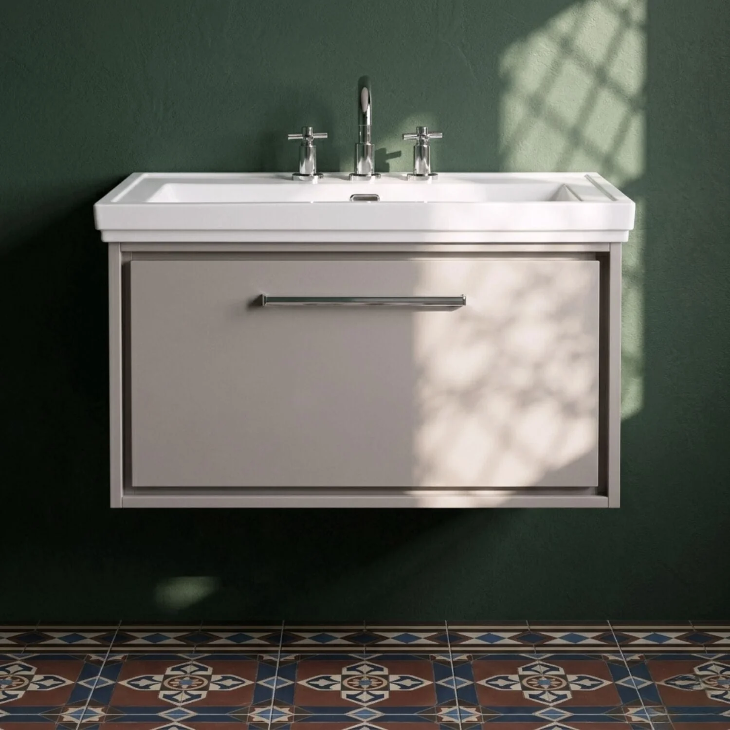 Longnor Single Drawer Wall Hung Vanity Basin Unit with 3 Tap Hole Traditional Fireclay Basin, Choice of Size and Colour - Image 12