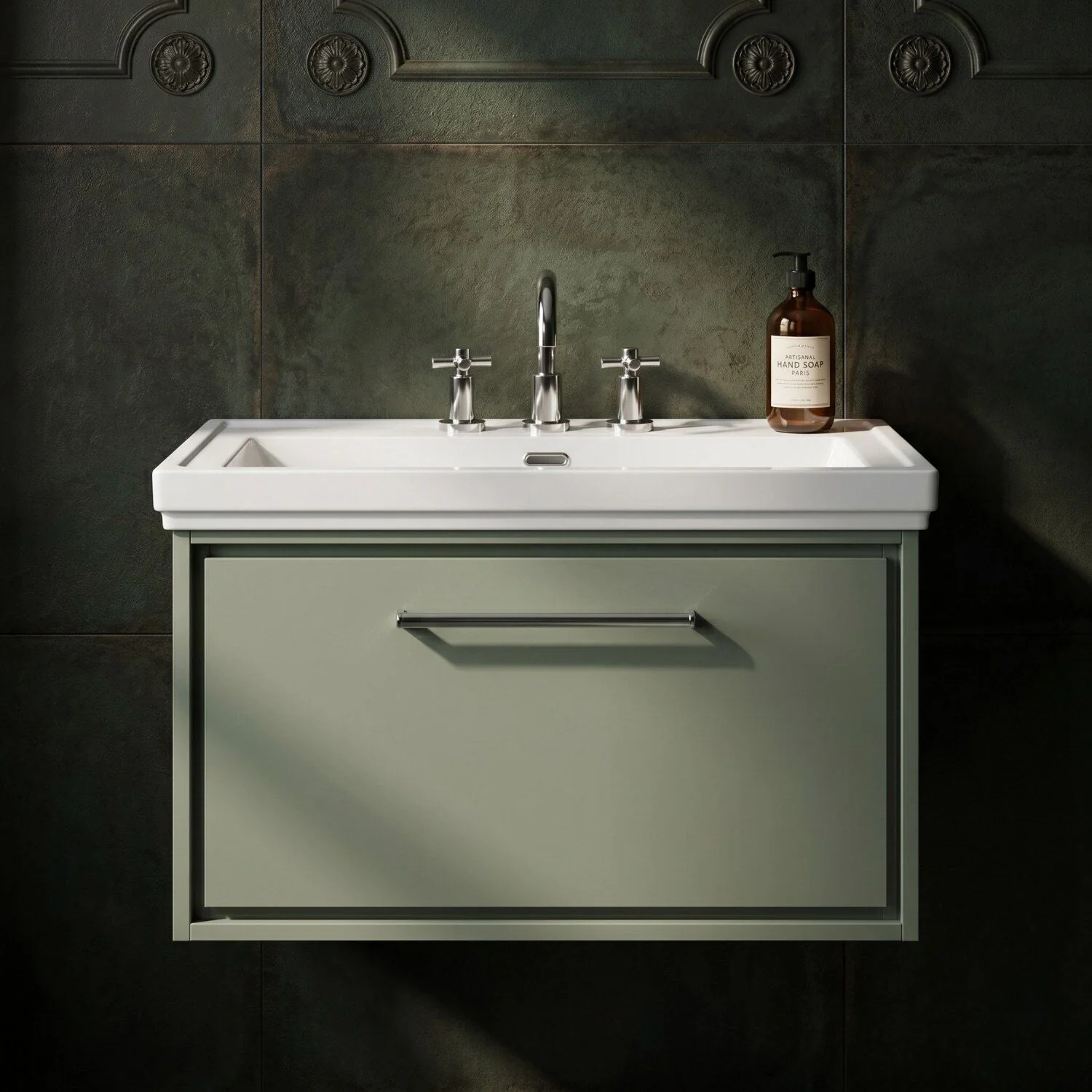 Longnor Single Drawer Wall Hung Vanity Basin Unit with 3 Tap Hole Traditional Fireclay Basin, Choice of Size and Colour - Image 15