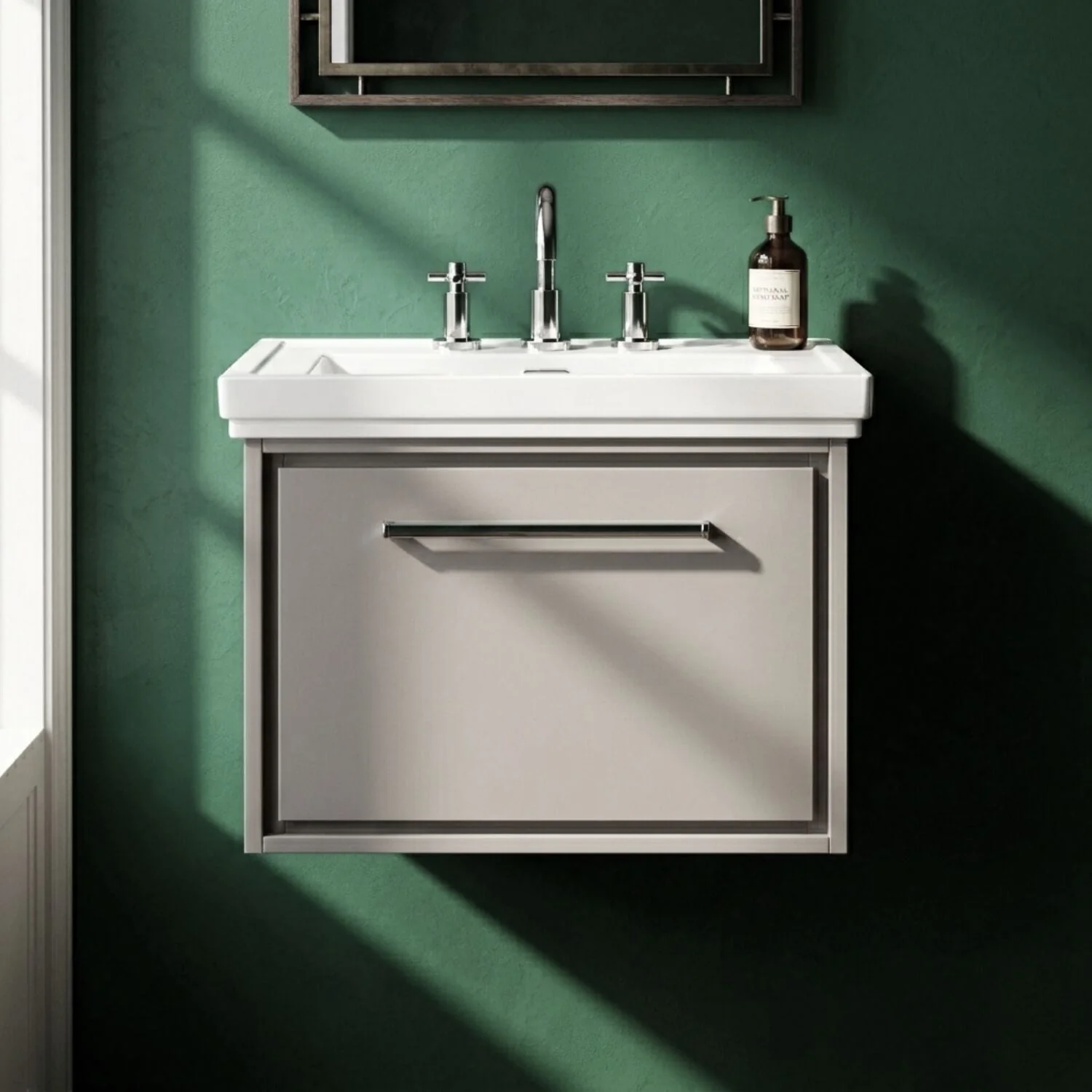 Longnor Single Drawer Wall Hung Vanity Basin Unit with 3 Tap Hole Traditional Fireclay Basin, Choice of Size and Colour - Image 4