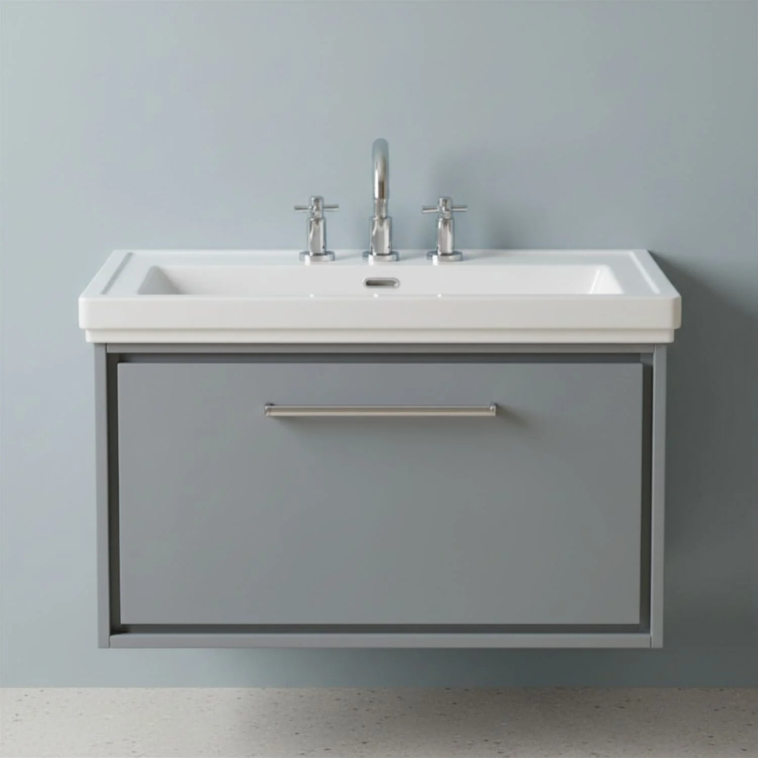Longnor Single Drawer Wall Hung Vanity Basin Unit with 3 Tap Hole Traditional Fireclay Basin, Choice of Size and Colour - Image 9