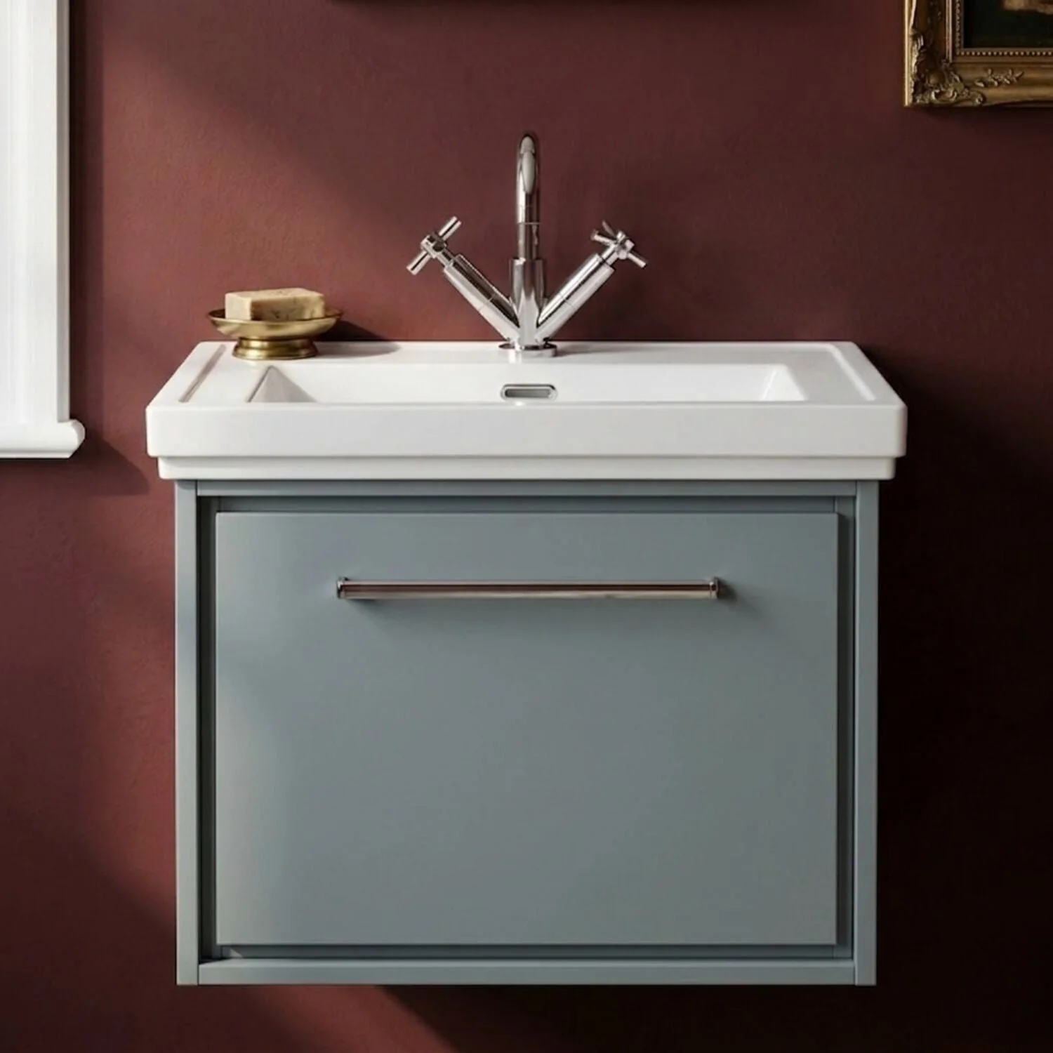 Longnor Single Drawer Wall Hung Vanity Basin Unit with 1 Tap Hole Traditional Fireclay Basin, Choice of Colour and Size