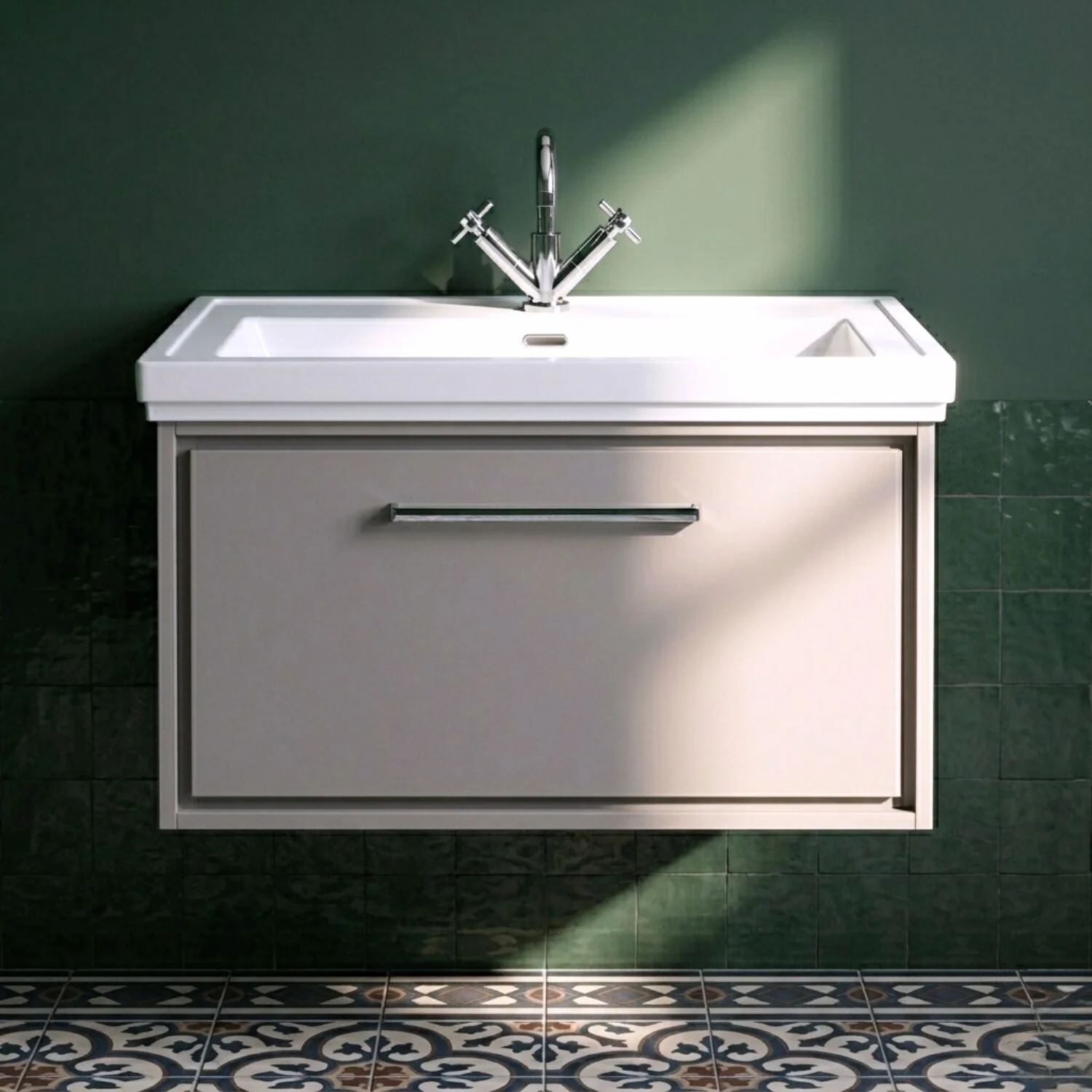 Longnor Single Drawer Wall Hung Vanity Basin Unit with 1 Tap Hole Traditional Fireclay Basin, Choice of Colour and Size - Image 24