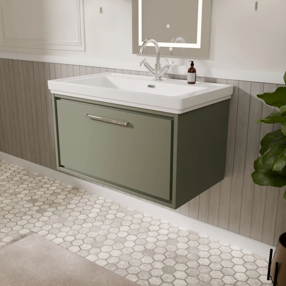 Longnor Single Drawer Wall Hung Vanity Basin Unit with 1 Tap Hole Traditional Fireclay Basin, Choice of Colour and Size - Image 34