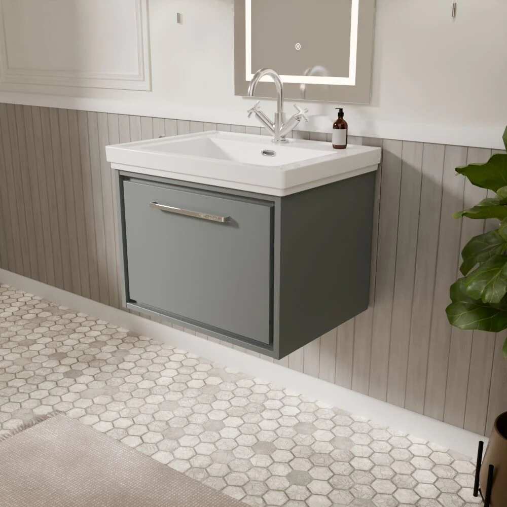 Longnor Single Drawer Wall Hung Vanity Basin Unit with 1 Tap Hole Traditional Fireclay Basin, Choice of Colour and Size - Image 5