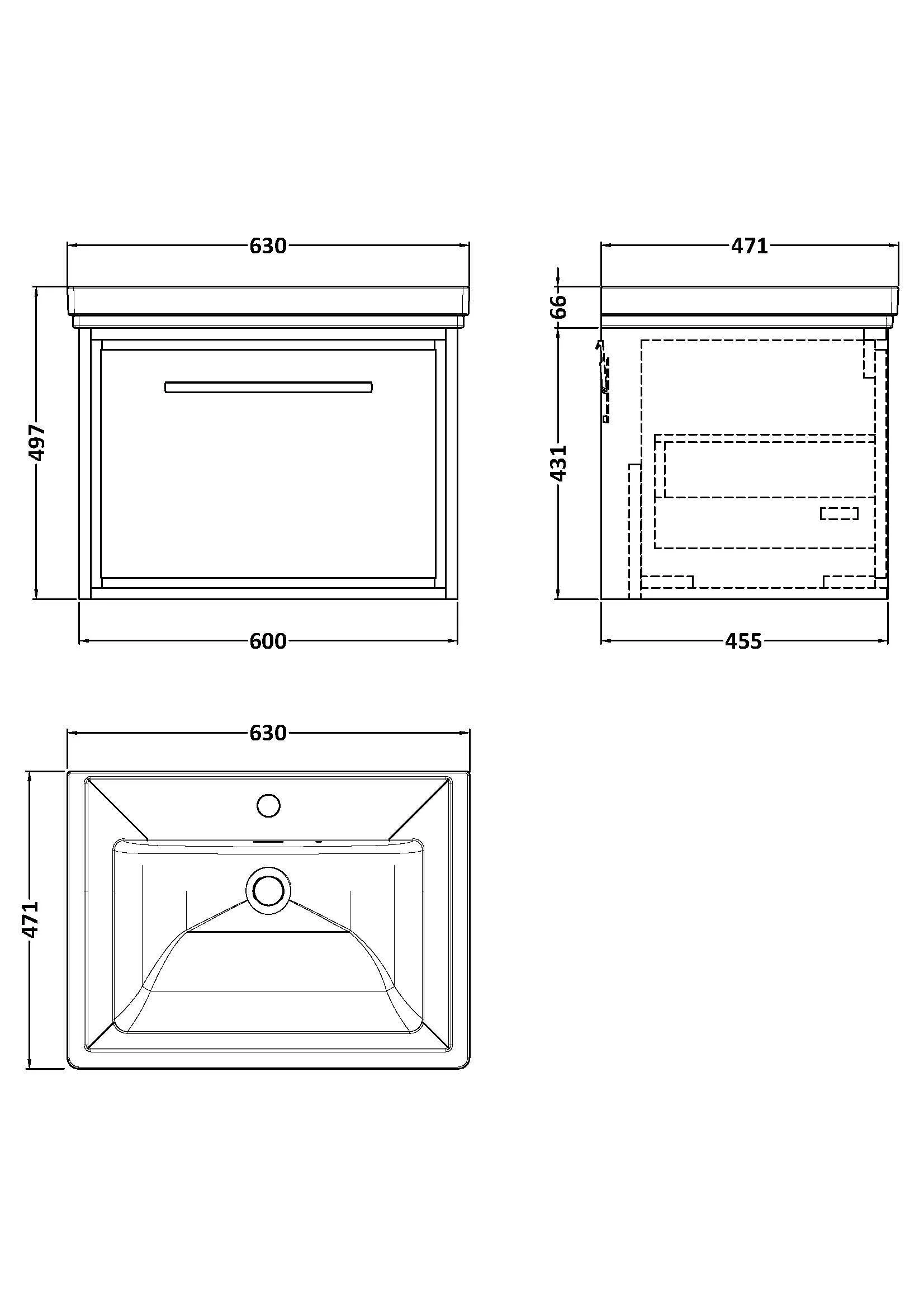 Longnor Single Drawer Wall Hung Vanity Basin Unit with 1 Tap Hole Traditional Fireclay Basin, Choice of Colour and Size - Image 6