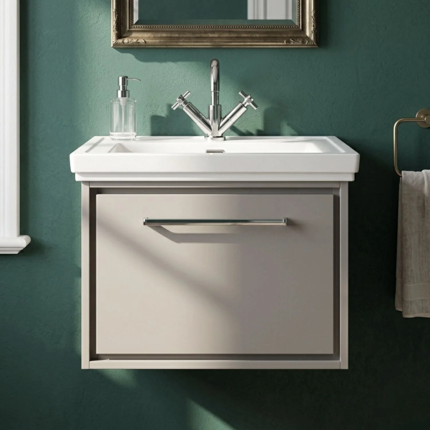 Longnor Single Drawer Wall Hung Vanity Basin Unit with 1 Tap Hole Traditional Fireclay Basin, Choice of Colour and Size - Image 7