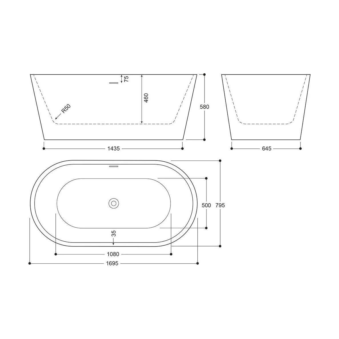 Modern Oval Freestanding Double Ended Bath, White Marble Finish - Choice of Size - Image 5