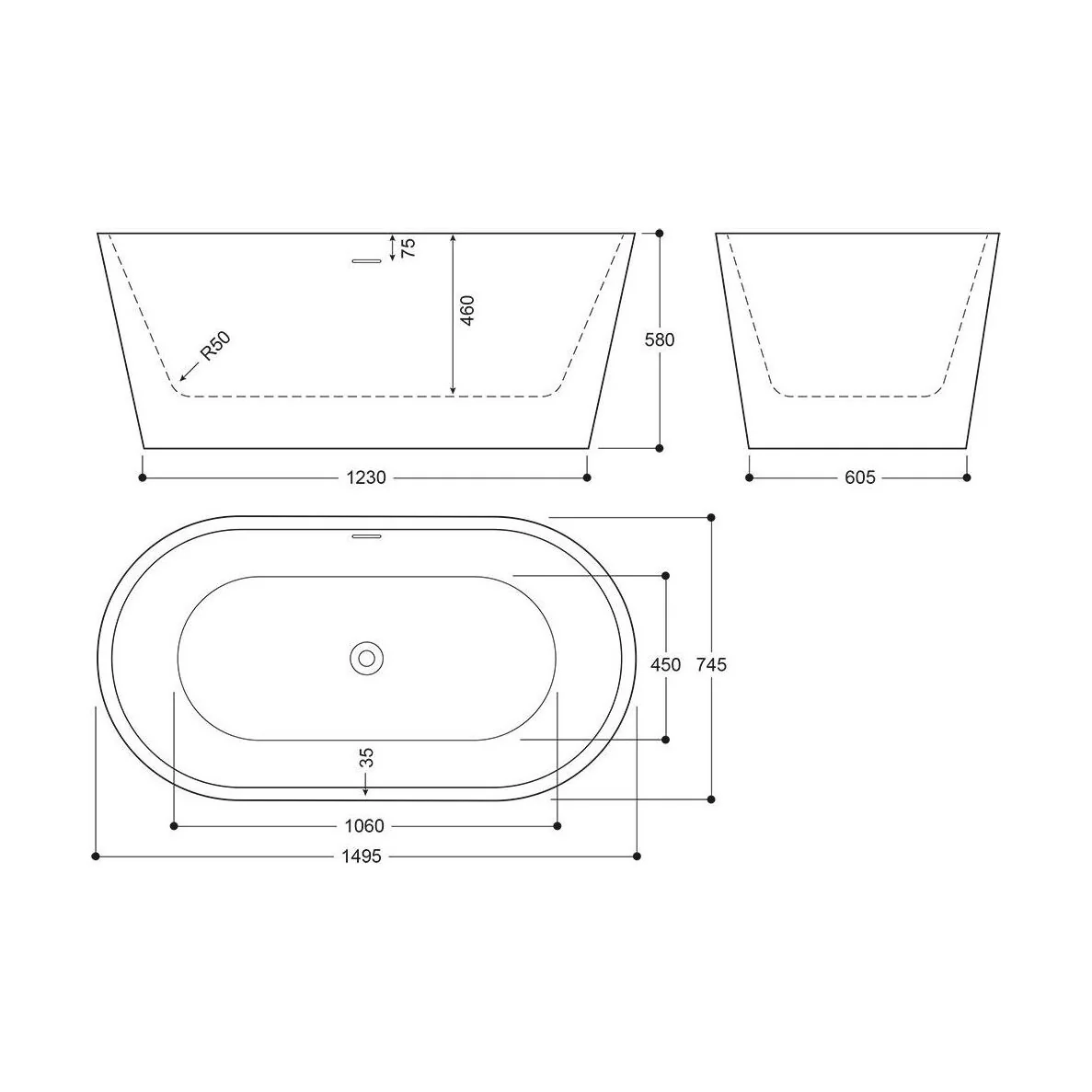 Modern Oval Freestanding Double Ended Bath, White Marble Finish - Choice of Size - Image 6