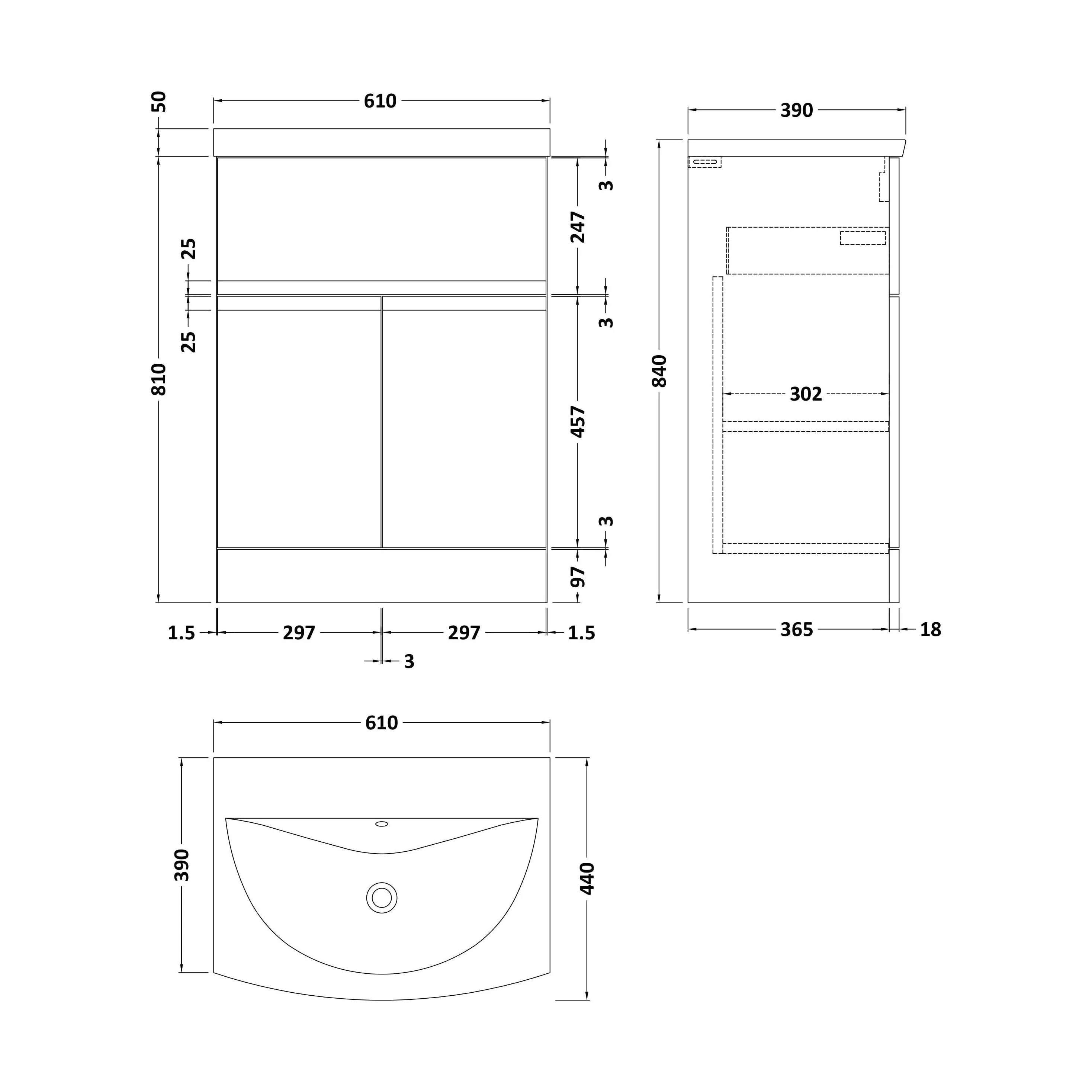 Mavesyn Contemporary 2 Door 1 Drawer Floor Standing Vanity Unit with Curved Basin, Satin Grey, 600mm - Image 2