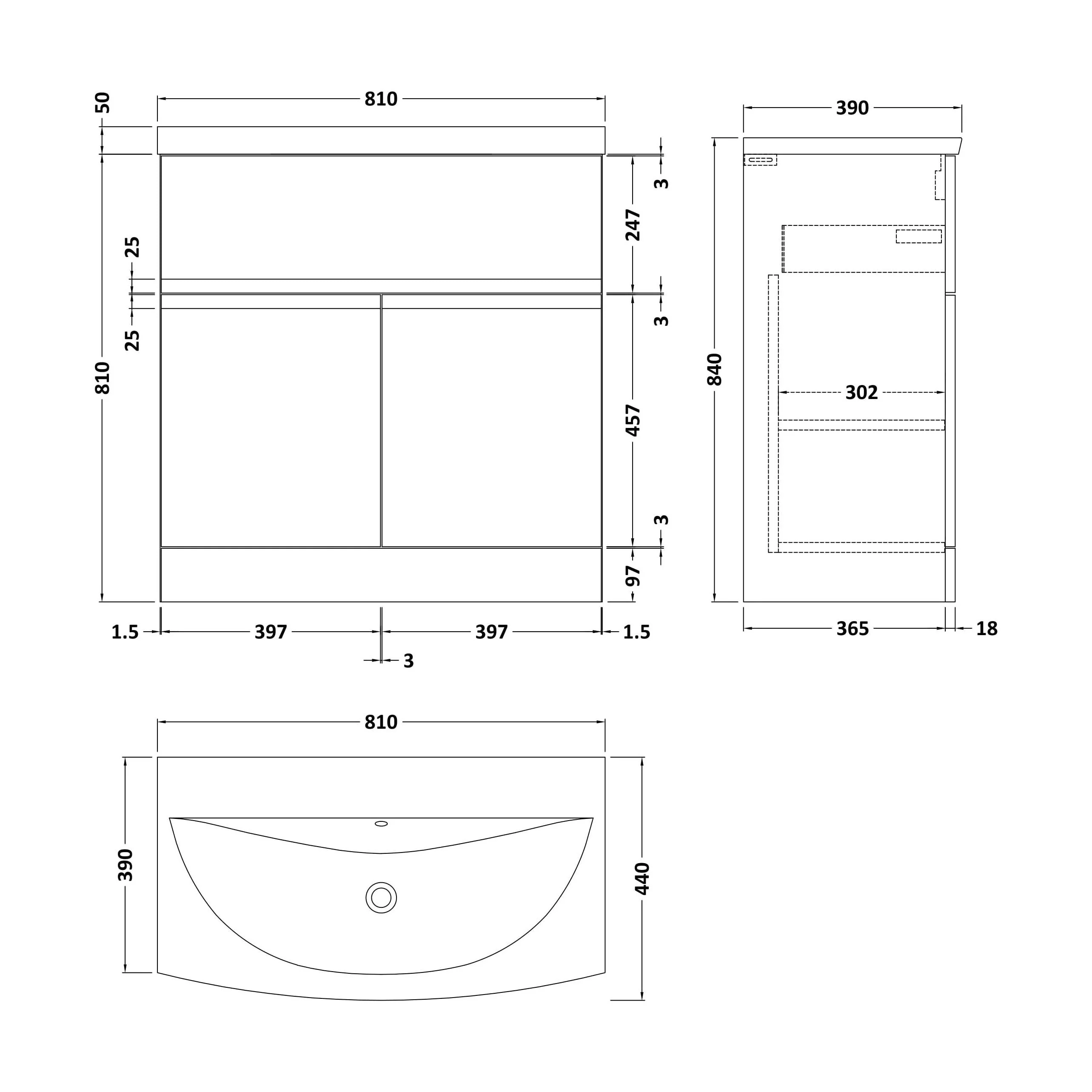 Mavesyn Contemporary 2 Door 1 Drawer Floor Standing Vanity Unit with Curved Basin, Satin Grey, 800mm - Image 2