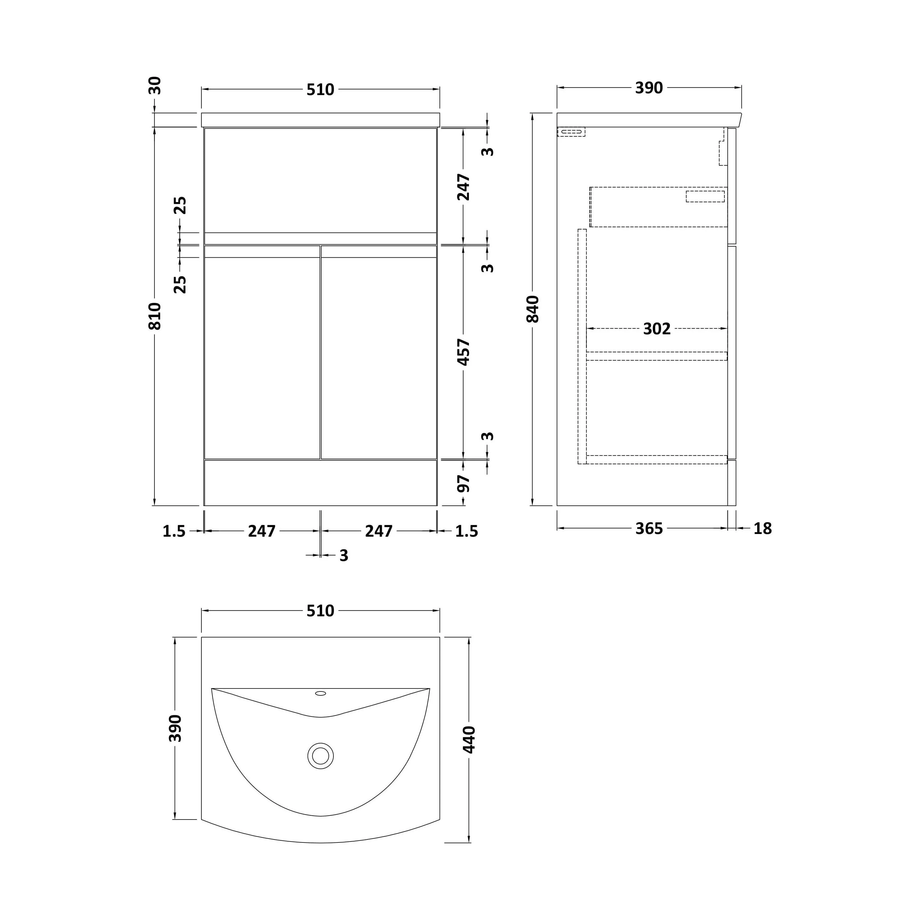 Mavesyn Contemporary 2 Door 1 Drawer Floor Standing Vanity Unit with Curved Basin, Satin White, 500mm - Image 2