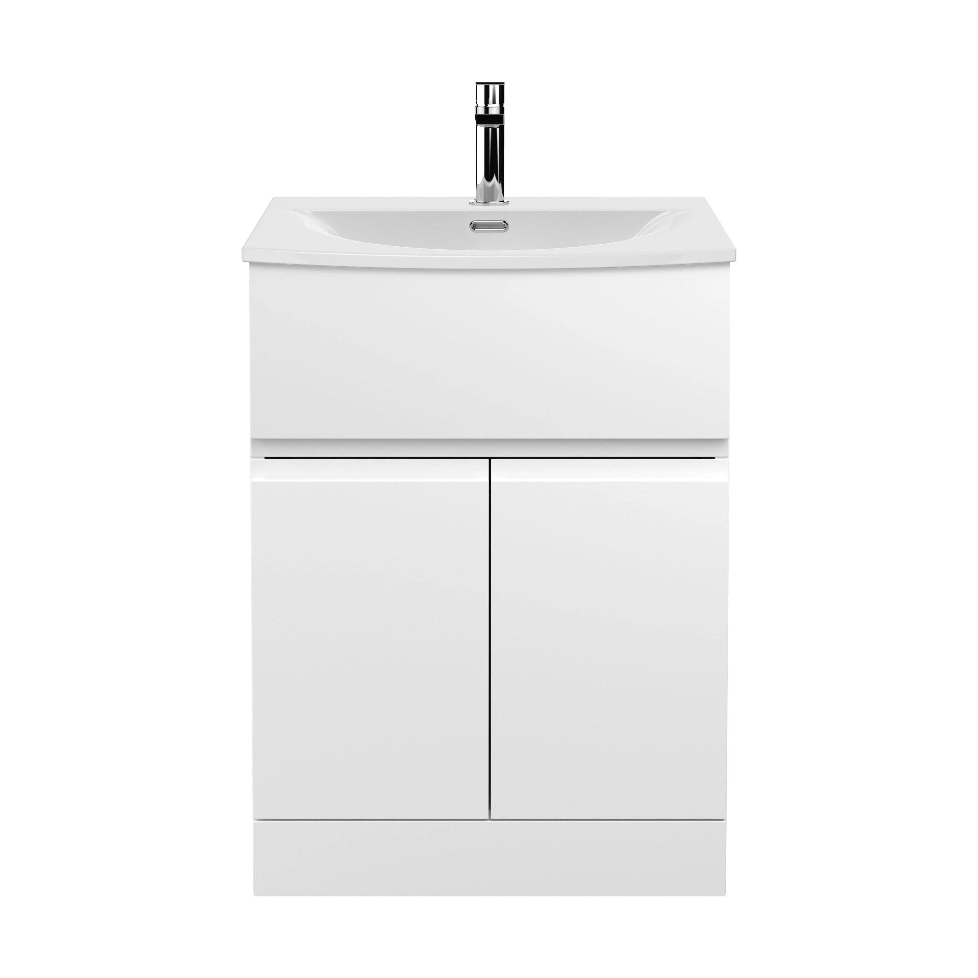 Mavesyn Contemporary 2 Door 1 Drawer Floor Standing Vanity Unit with Curved Basin, Satin White, 600mm