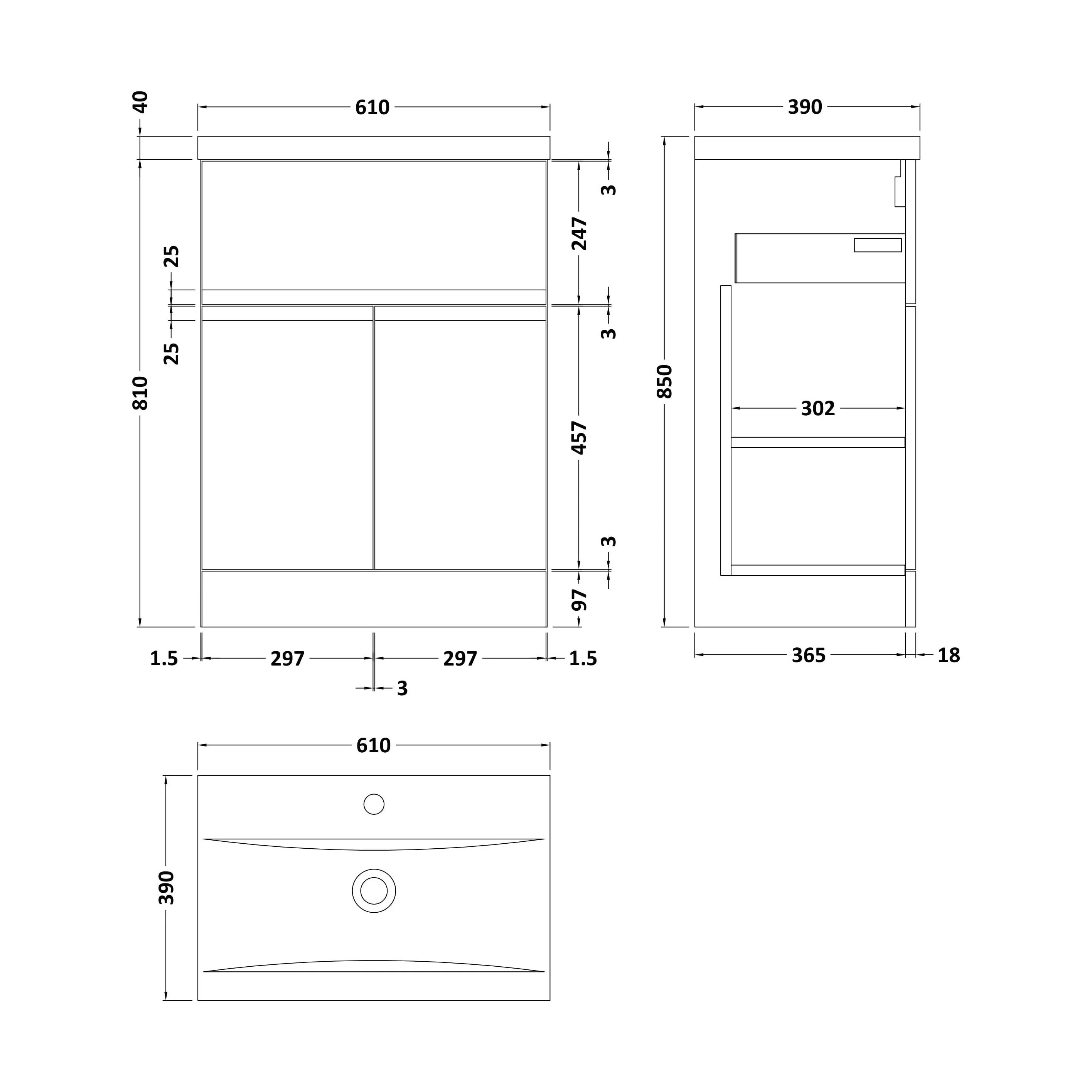 Mavesyn Contemporary 2 Door 1 Drawer Floor Standing Vanity Unit with Mid-Edge Basin, Satin Grey, 600mm - Image 2