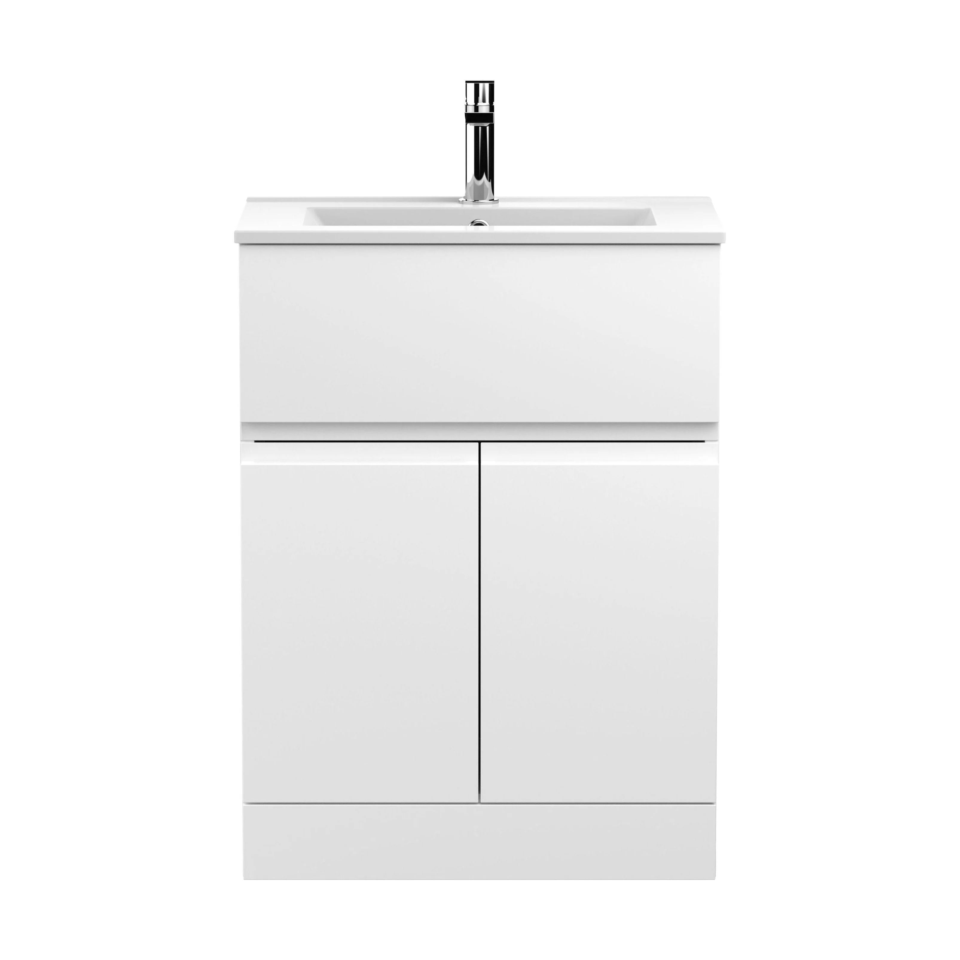 Mavesyn Contemporary 2 Door 1 Drawer Floor Standing Vanity Unit with Minimalist Basin, Satin White, 600mm