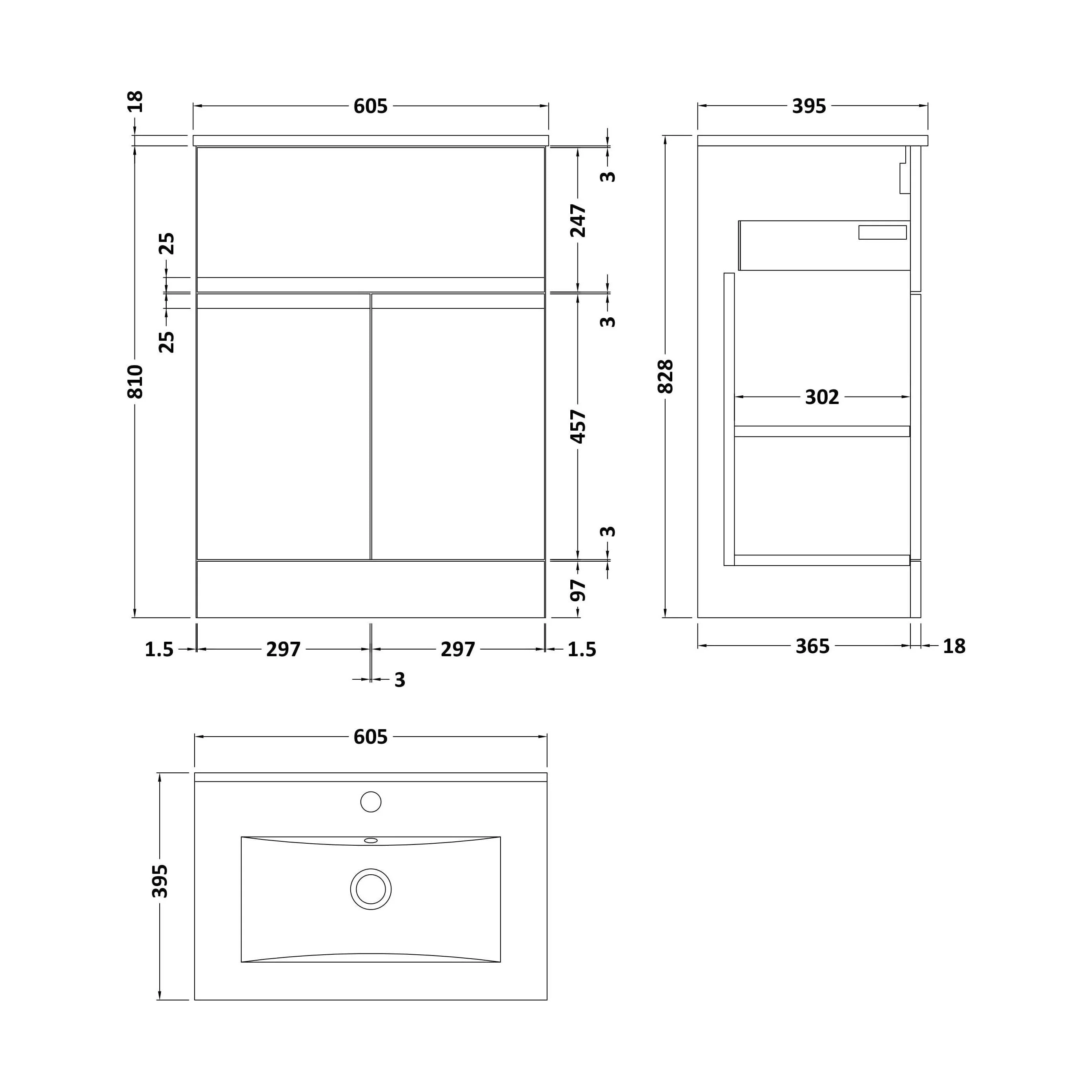 Mavesyn Contemporary 2 Door 1 Drawer Floor Standing Vanity Unit with Minimalist Basin, Satin White, 600mm - Image 2