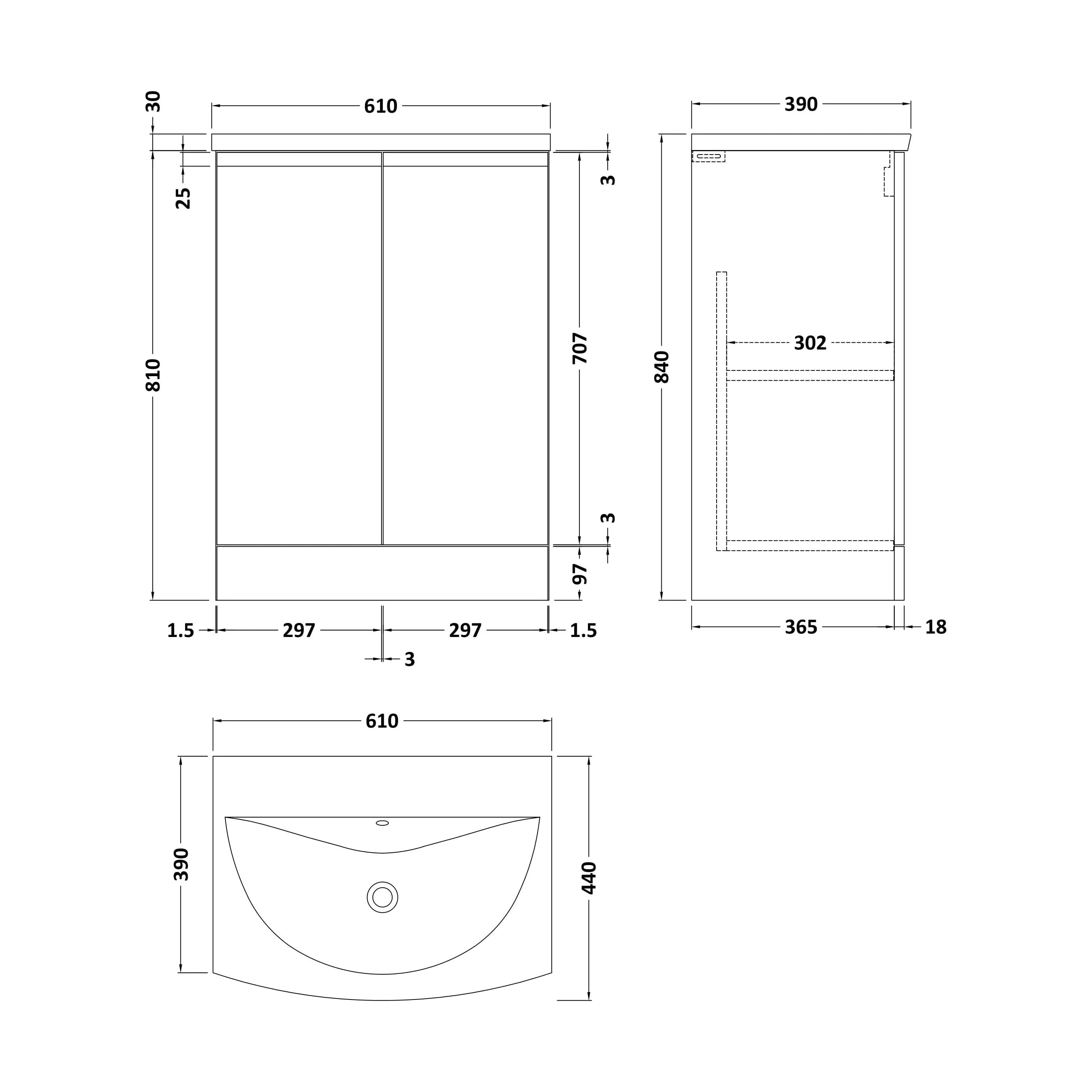 Mavesyn Contemporary 2 Door Floor Standing Vanity Unit with Curved Basin, Satin Grey, 600mm - Image 2
