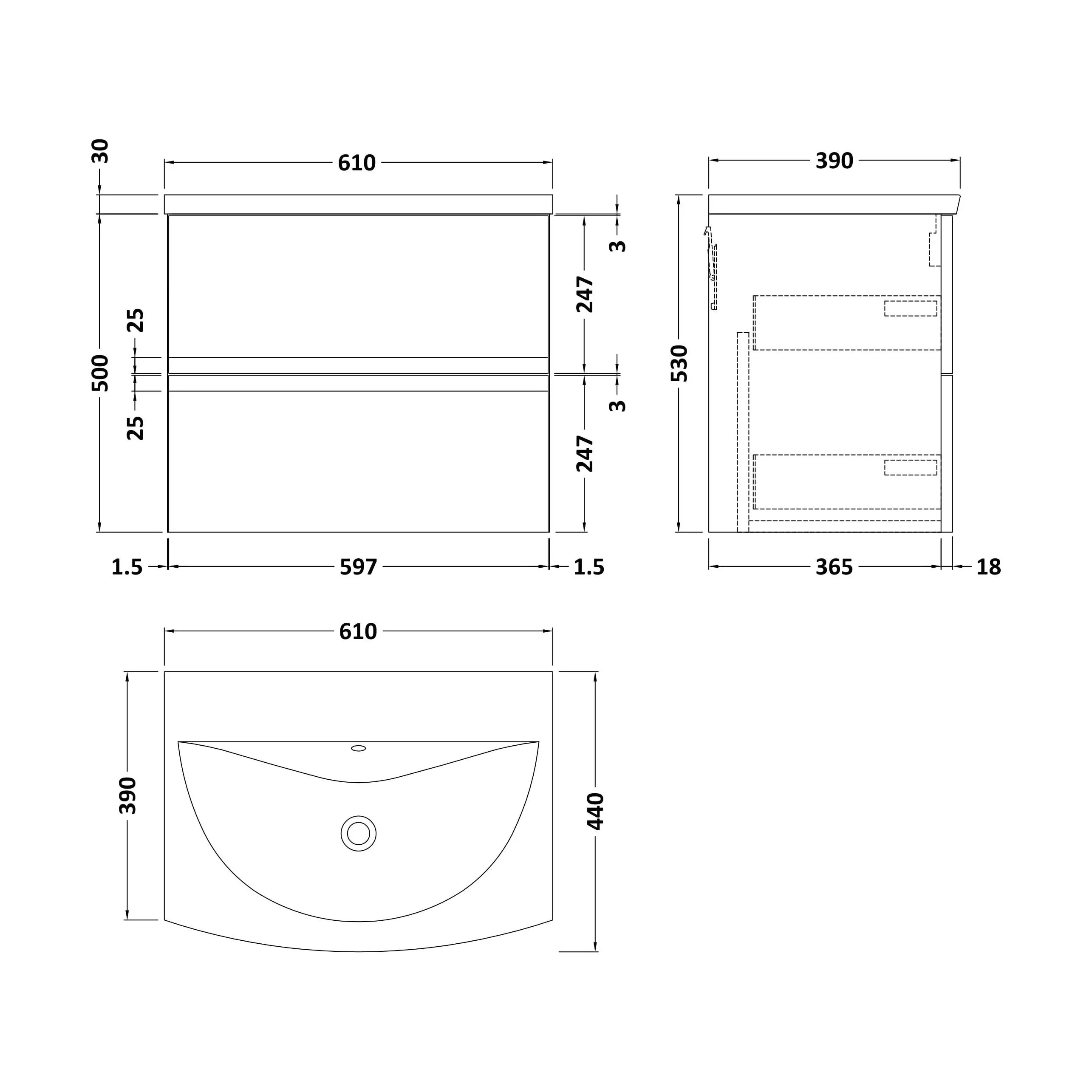 Mavesyn Contemporary 2 Drawer Wall Hung Vanity Unit with Curved Basin, Satin Green, 600mm - Image 2