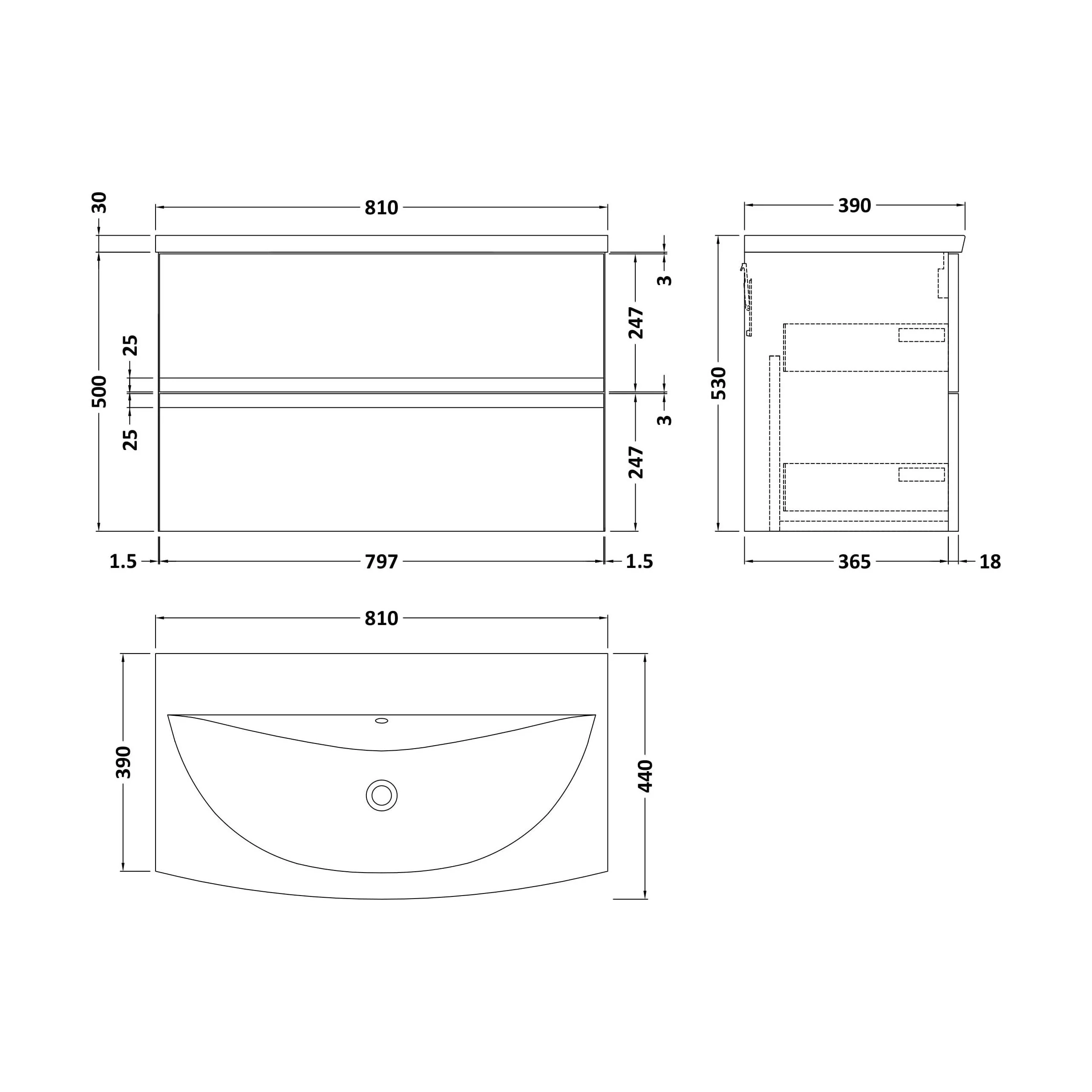 Mavesyn Contemporary 2 Drawer Wall Hung Vanity Unit with Curved Basin, Satin Grey, 800mm - Image 2