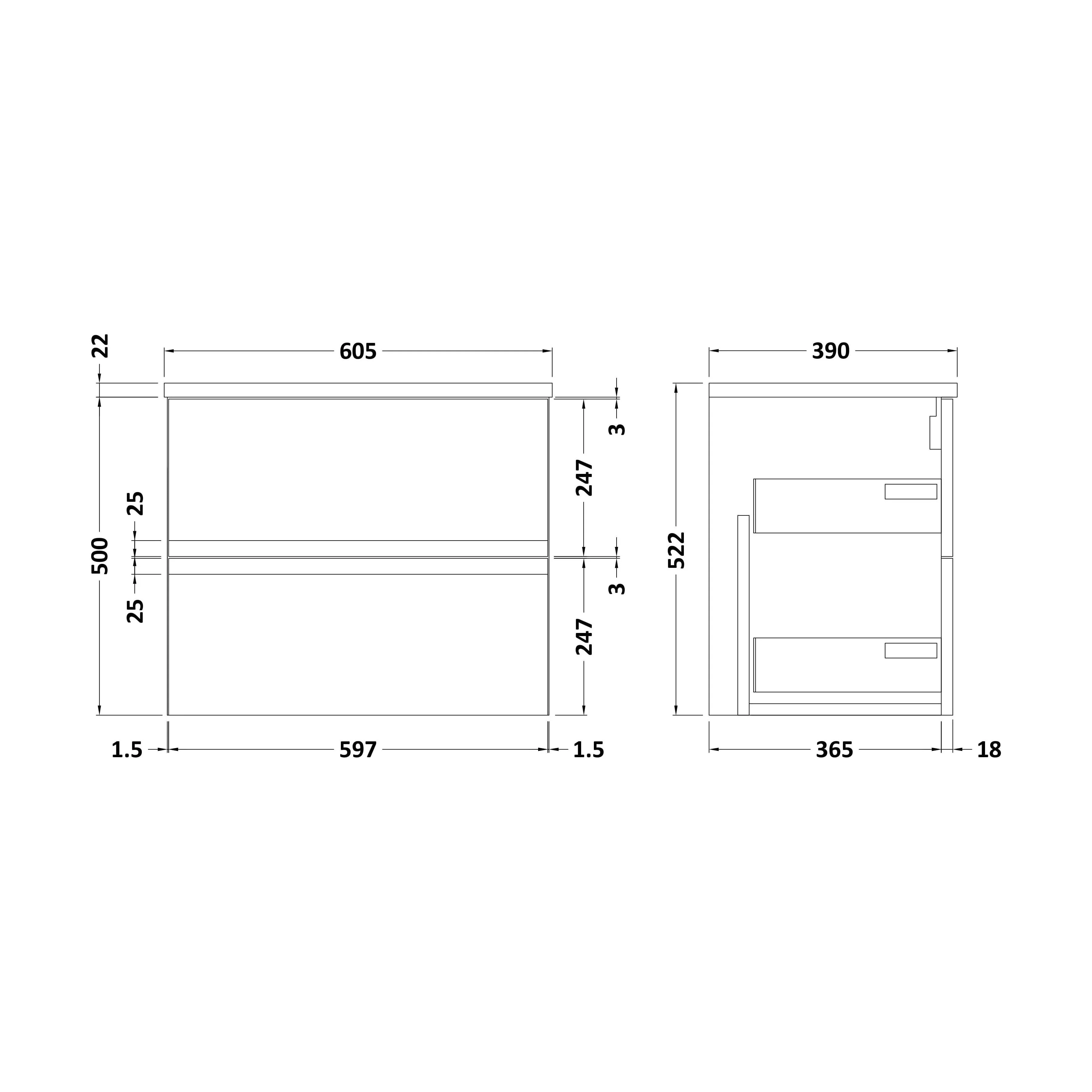 Mavesyn Contemporary 2 Drawer Wall Hung Vanity Unit with Laminate Worktop, Satin White, 600mm - Image 2