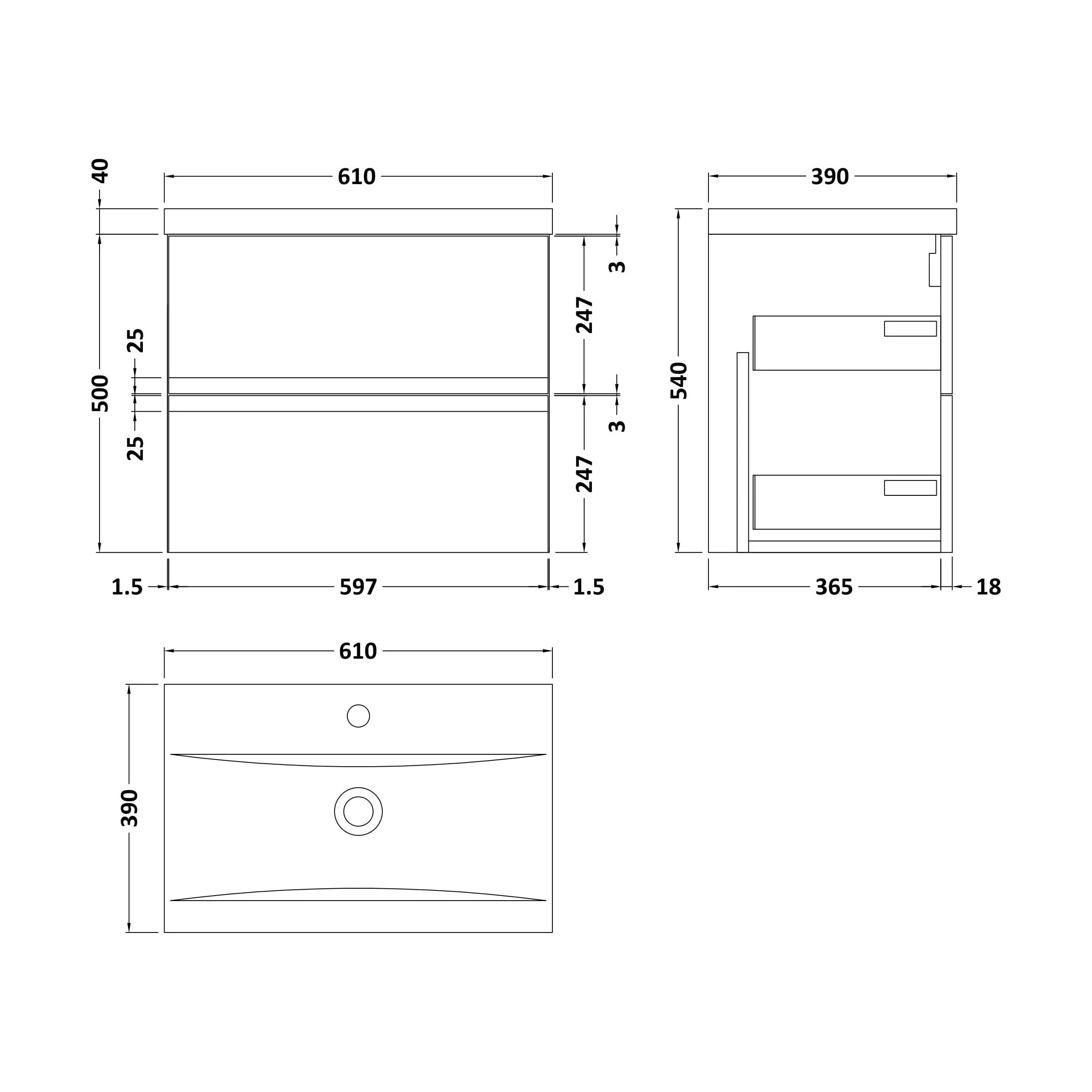 Mavesyn Contemporary 2 Drawer Wall Hung Vanity Unit with Mid-Edge Basin, Satin Green, 600mm - Image 2