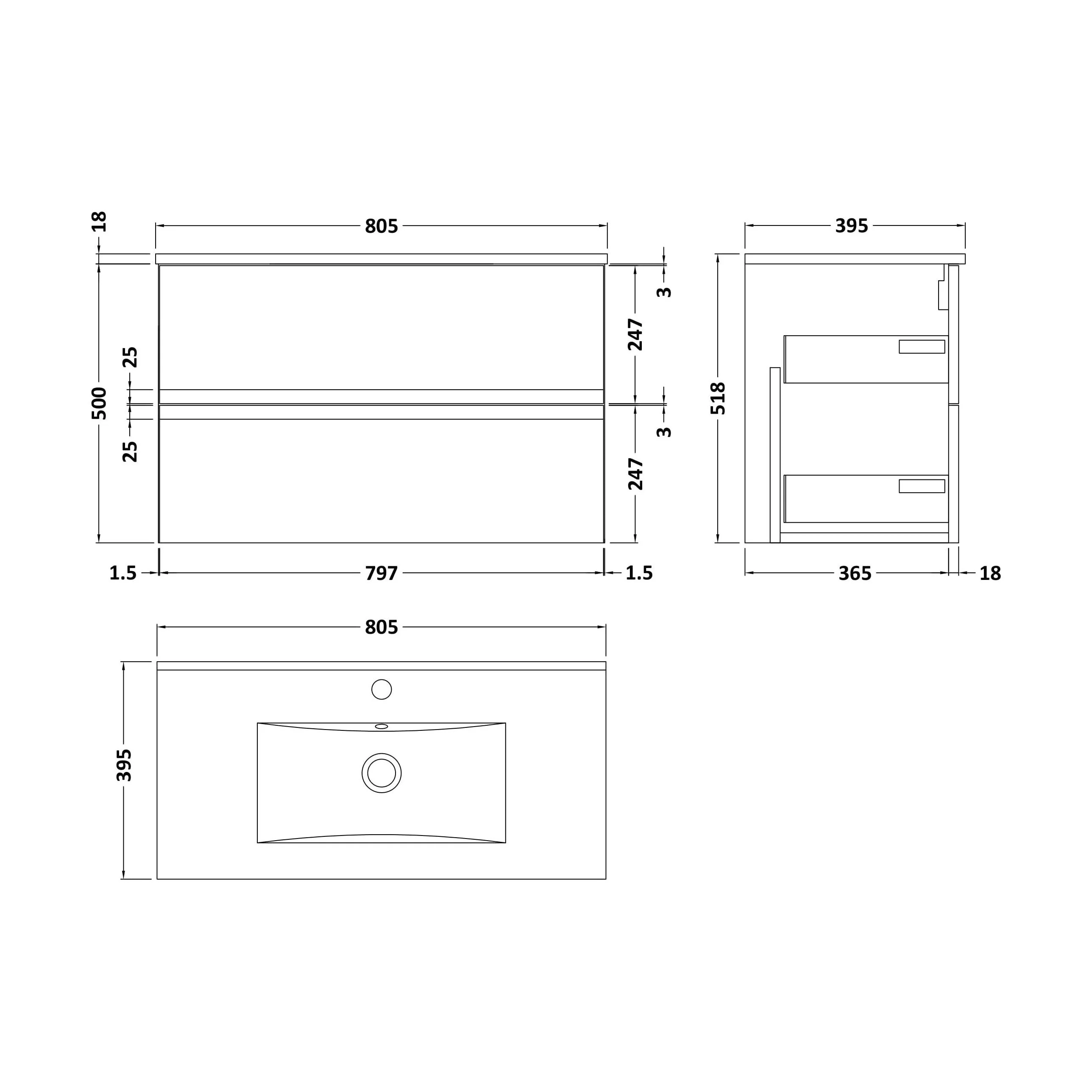 Mavesyn Contemporary 2 Drawer Wall Hung Vanity Unit with Minimalist Basin, Dark Blue, 800mm - Image 2