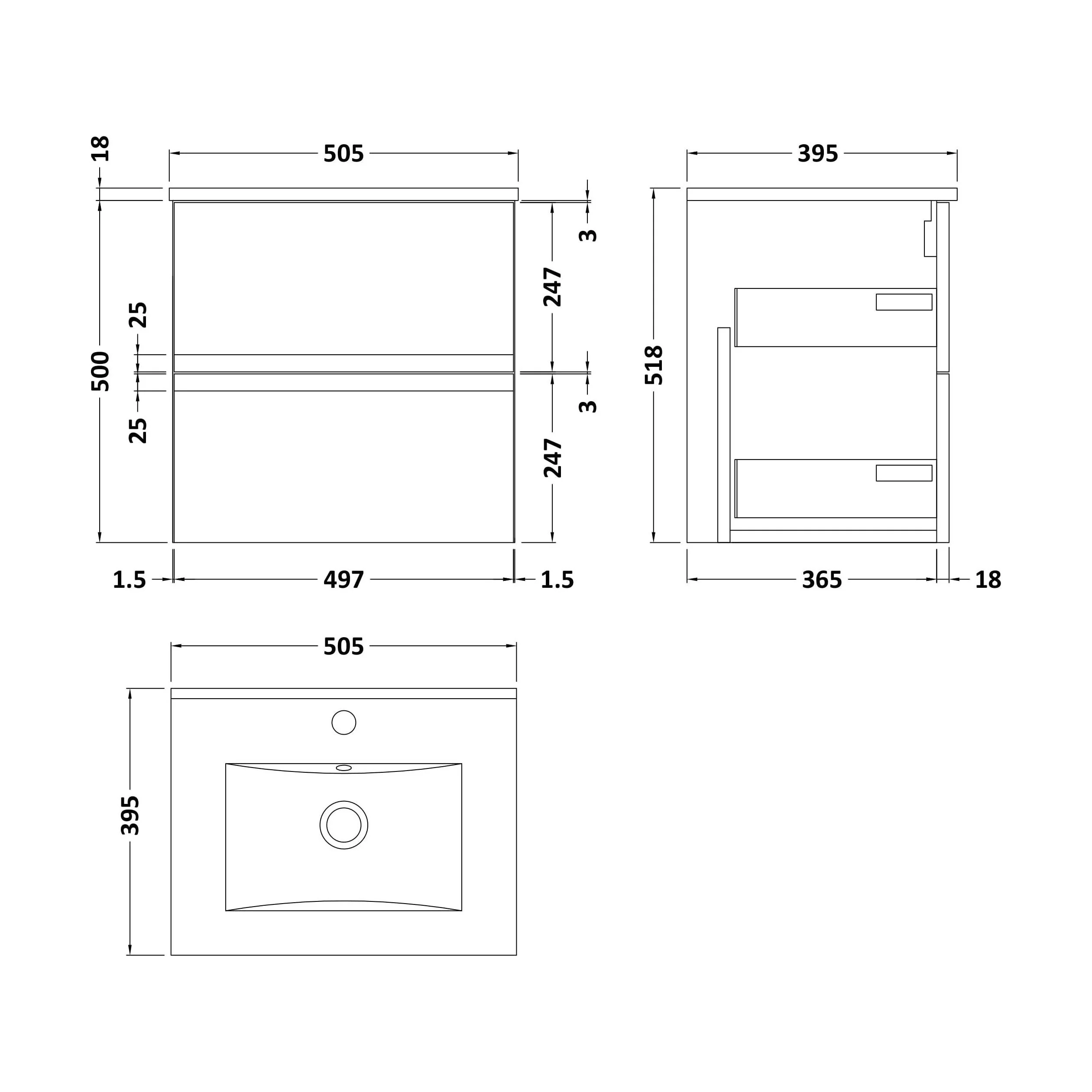 Mavesyn Contemporary 2 Drawer Wall Hung Vanity Unit with Minimalist Basin, Dark Grey, 500mm - Image 2