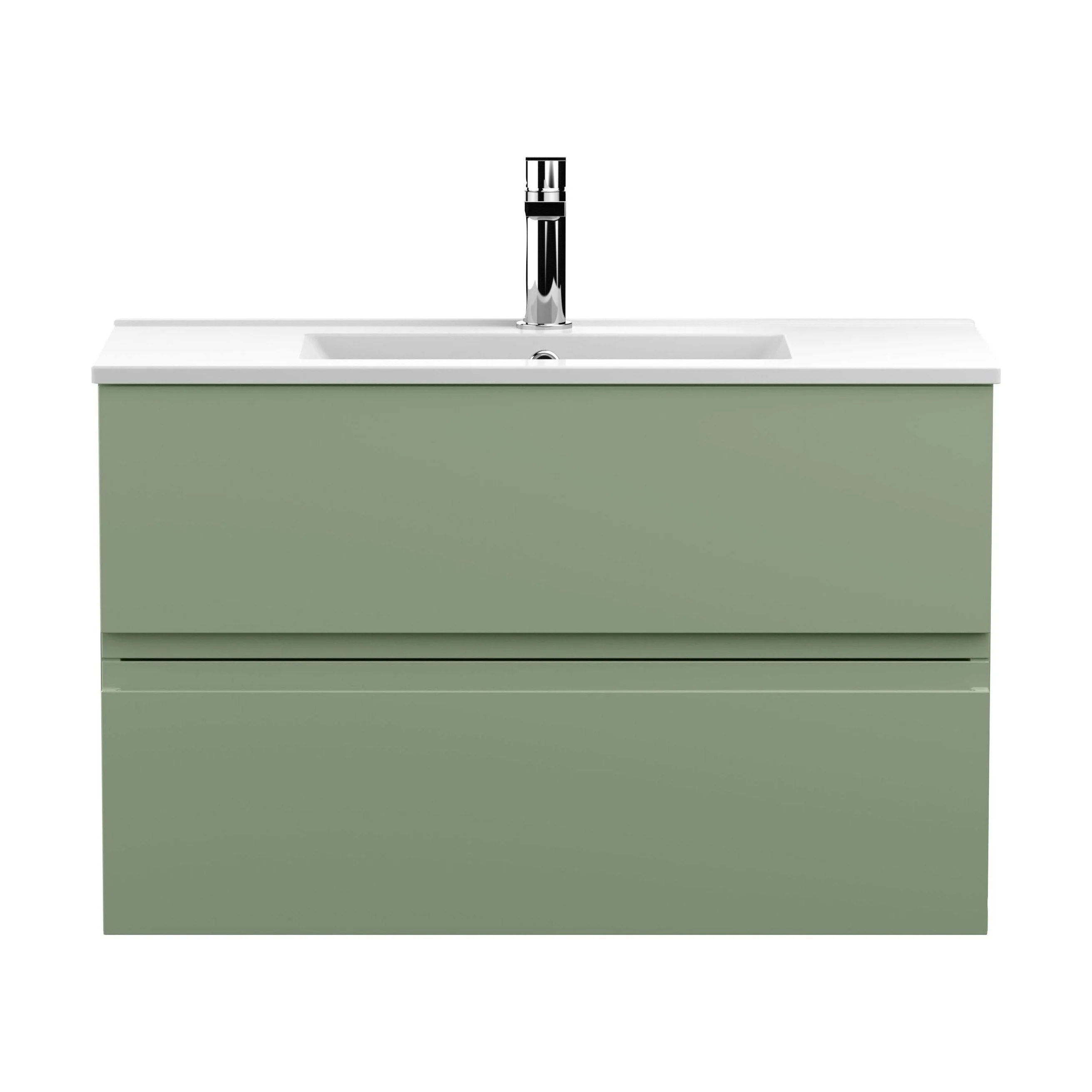 Mavesyn Contemporary 2 Drawer Wall Hung Vanity Unit with Minimalist Basin, Satin Green, 800mm