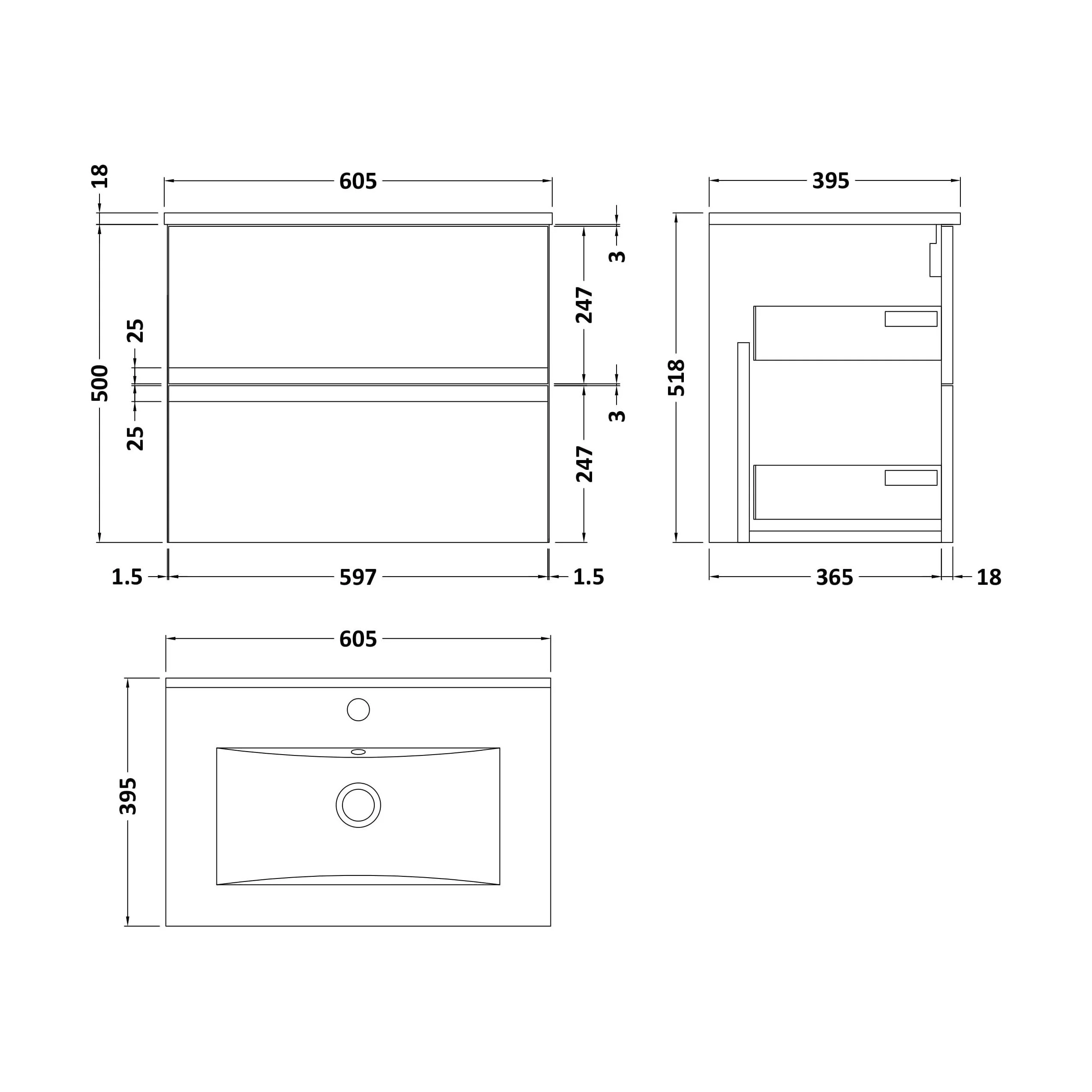Mavesyn Contemporary 2 Drawer Wall Hung Vanity Unit with Minimalist Basin, Satin Grey, 600mm - Image 2