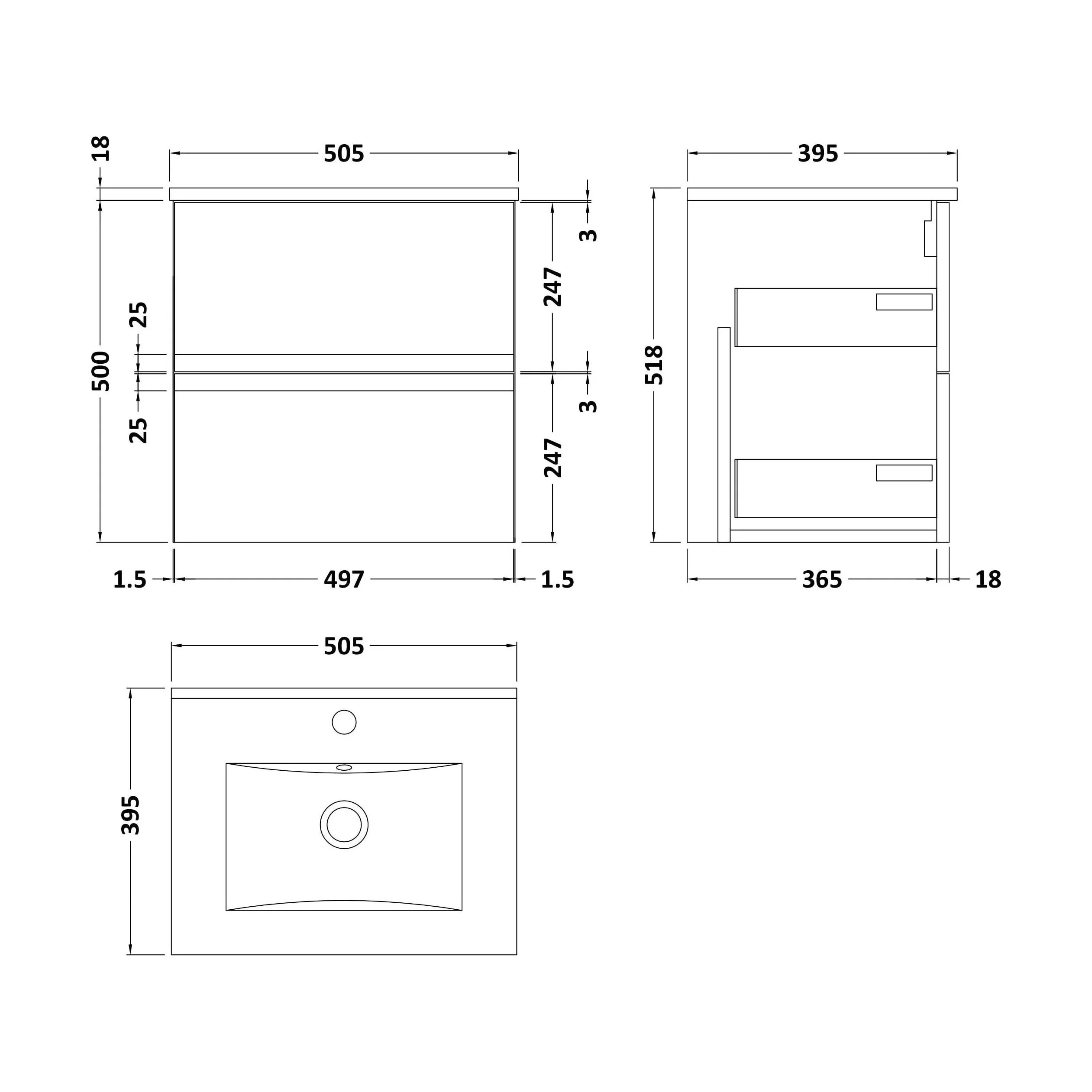 Mavesyn Contemporary 2 Drawer Wall Hung Vanity Unit with Minimalist Basin, Satin White, 500mm - Image 2