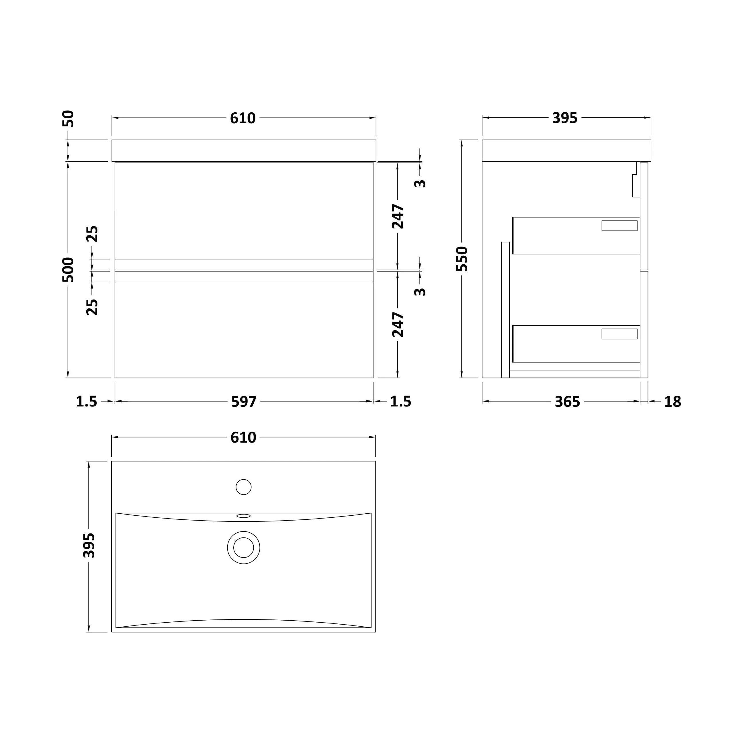 Mavesyn Contemporary 2 Drawer Wall Hung Vanity Unit with Thin Edge Basin, Satin Green, 600mm - Image 2