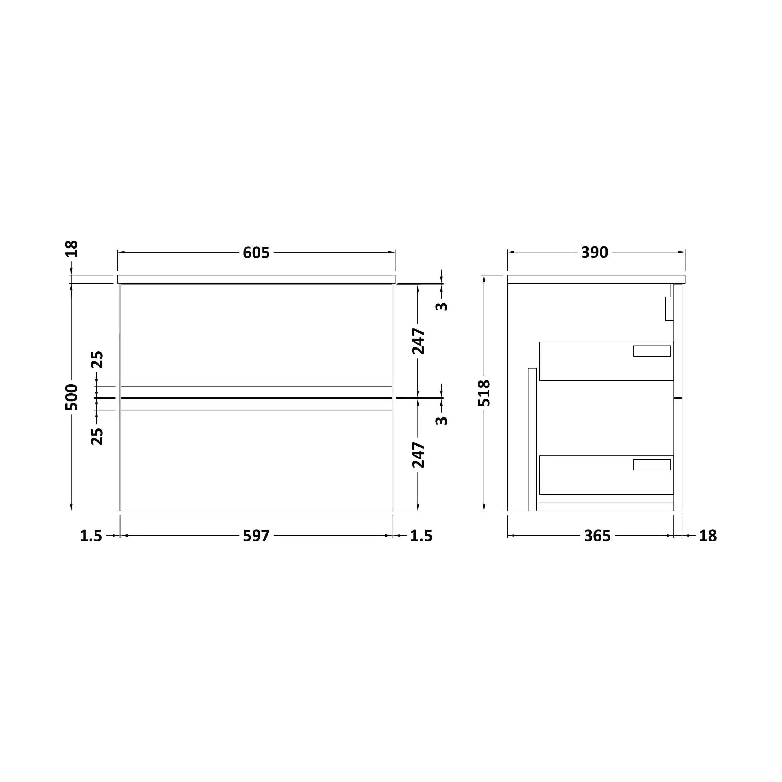 Mavesyn Contemporary 2 Drawer Wall Hung Vanity Unit with Worktop, Satin White, 600mm - Image 2
