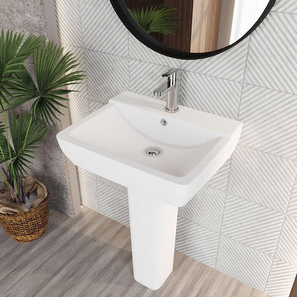 Meaford Square 1 Tap Hole Ceramic Basin & Full Pedestal, 820 x 550 x 420mm - Image 3