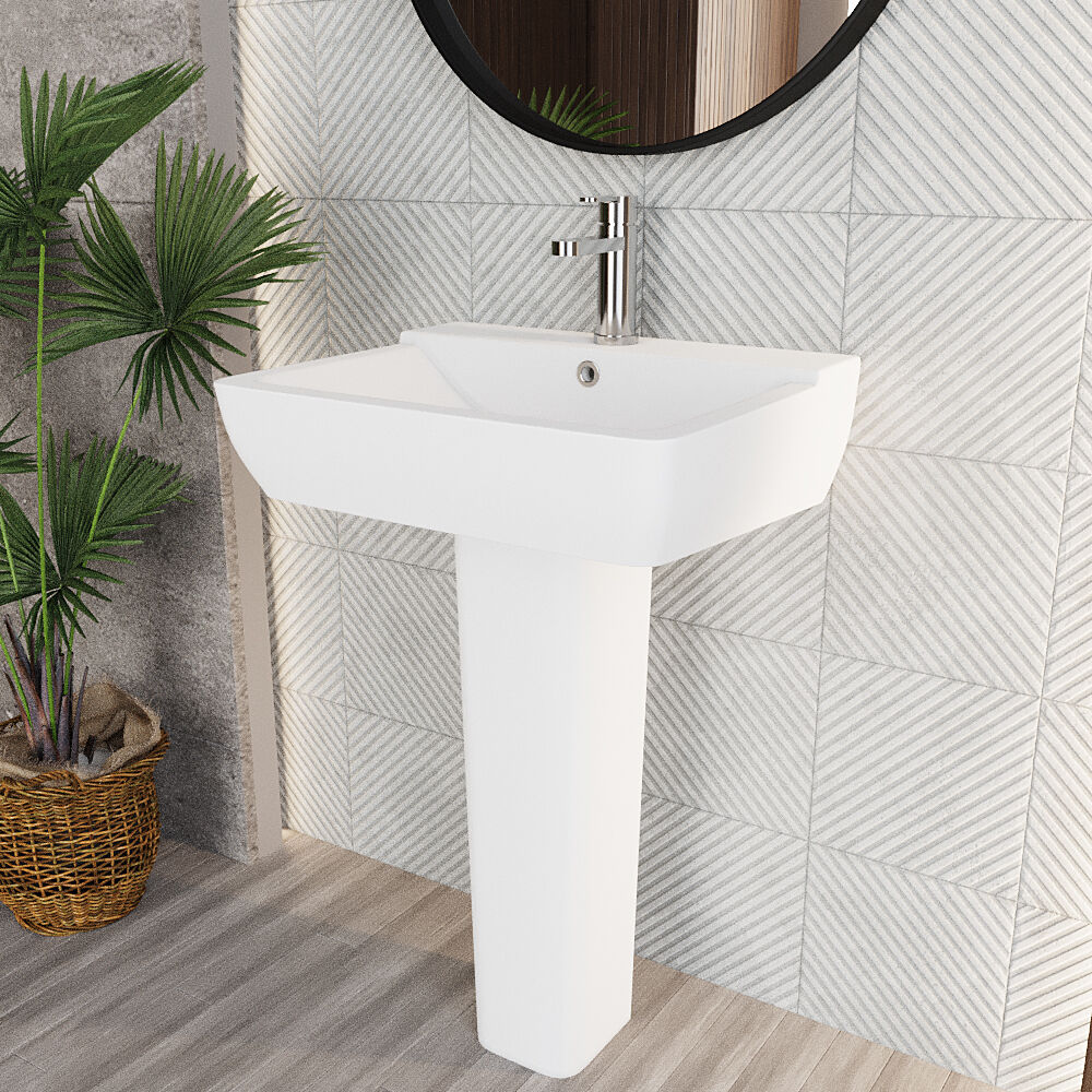 Meaford Square 1 Tap Hole Ceramic Basin & Full Pedestal, 820 x 550 x 420mm - Image 4