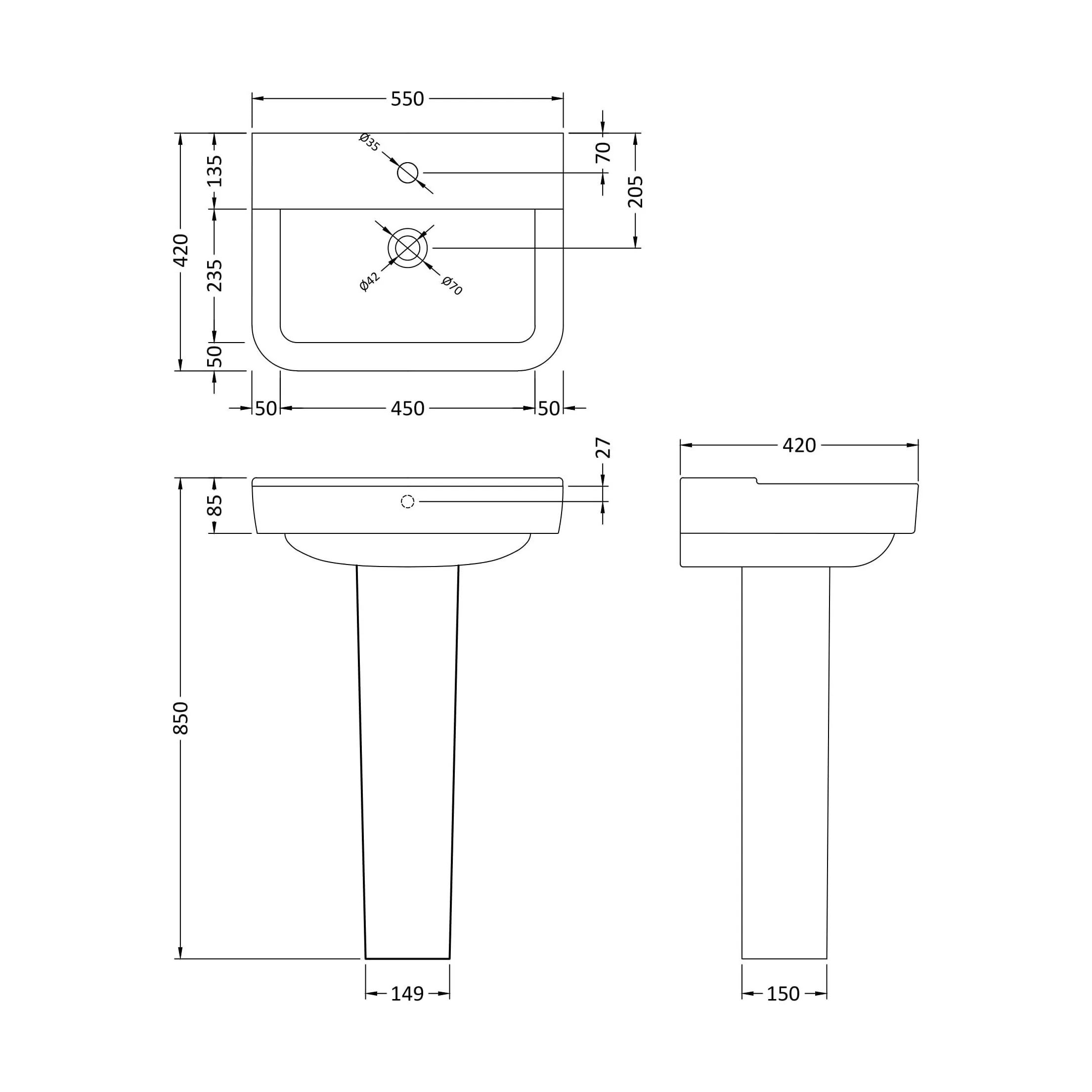 Meaford Square 1 Tap Hole Ceramic Basin & Full Pedestal, 820 x 550 x 420mm - Image 5