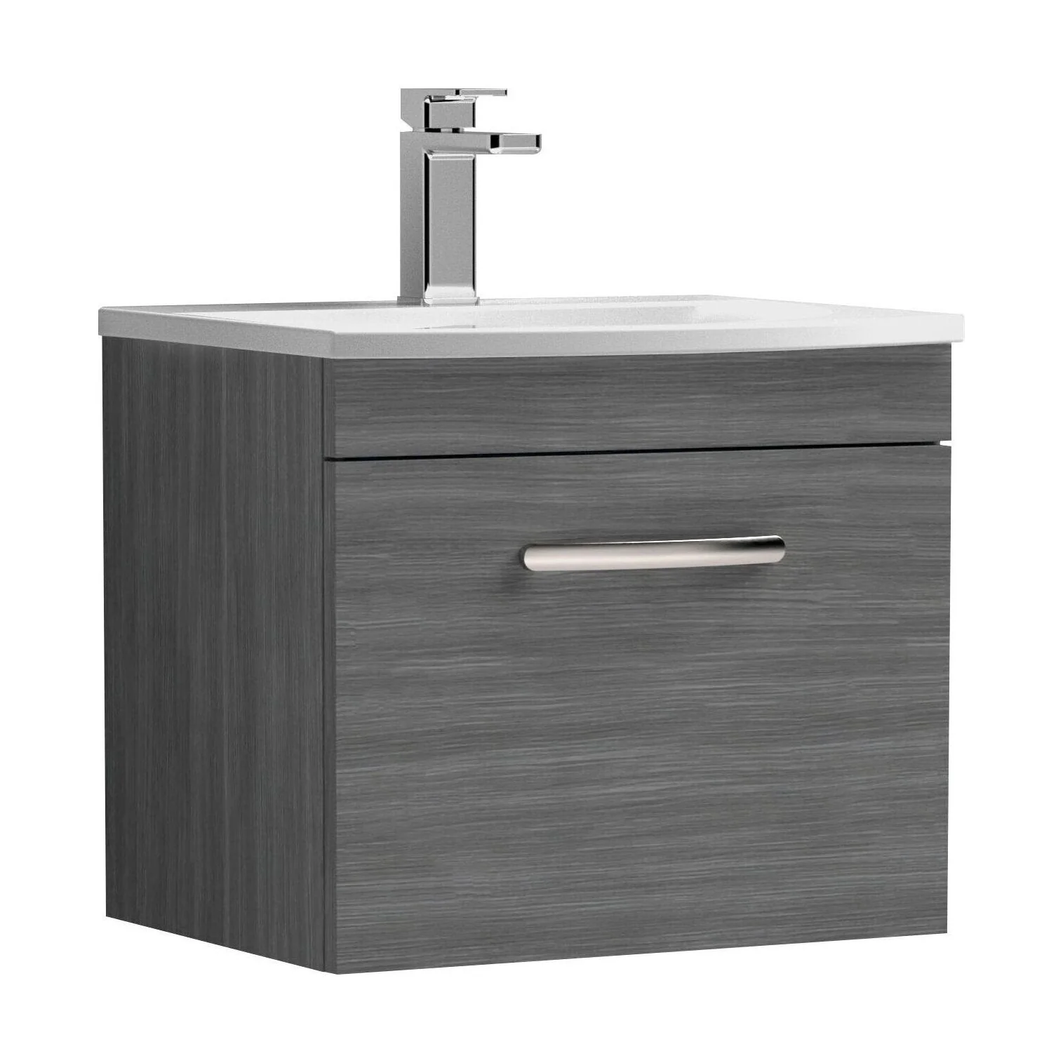 Millwich Contemporary 1 Drawer Wall Hung Vanity Unit with Curved Basin, Anthracite Woodgrain, 500mm