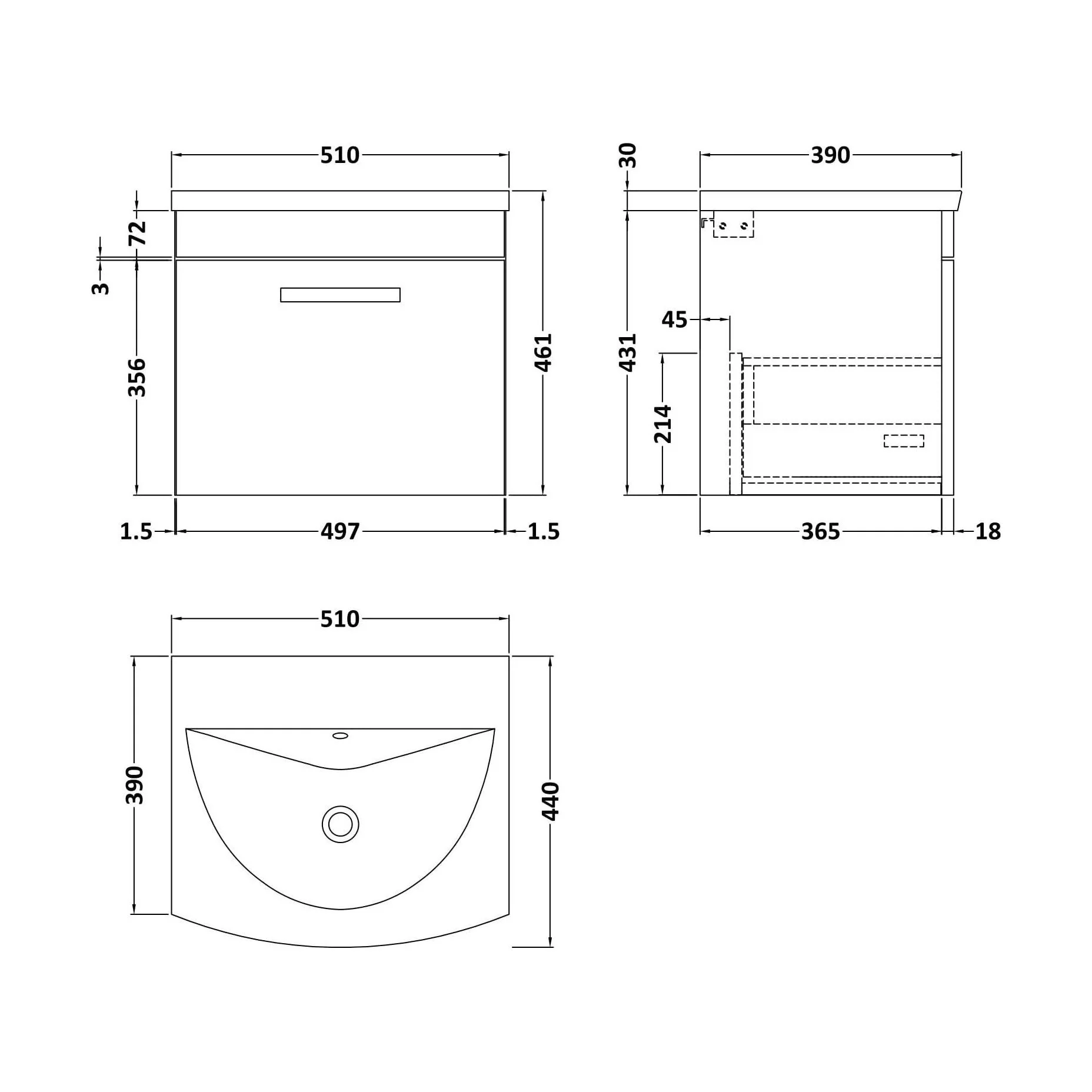 Millwich Contemporary 1 Drawer Wall Hung Vanity Unit with Curved Basin, Charcoal Black, 500mm - Image 2