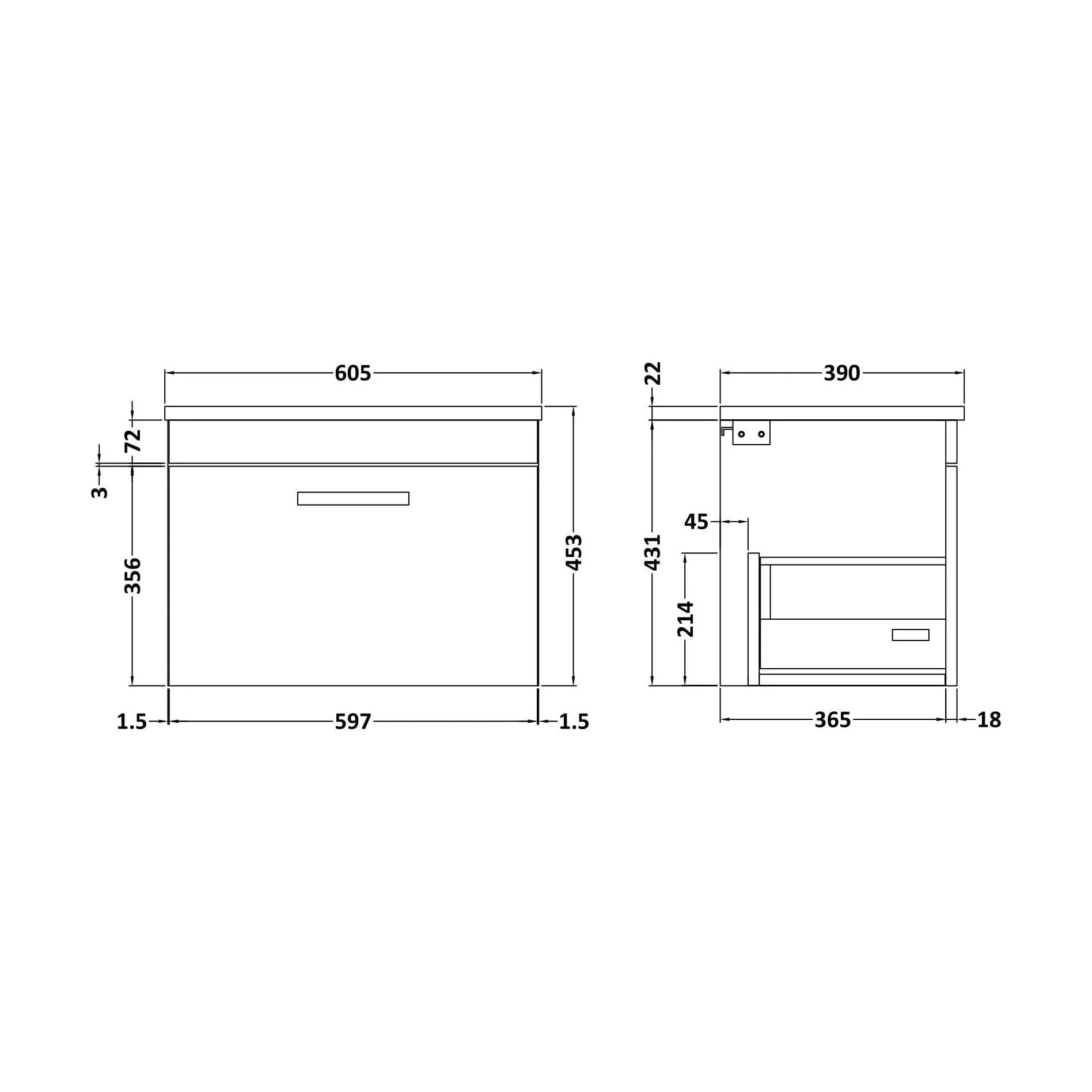 Millwich Contemporary 1 Drawer Wall Hung Vanity Unit with Laminate Black Galaxy Granite Worktop, 600mm - Image 2