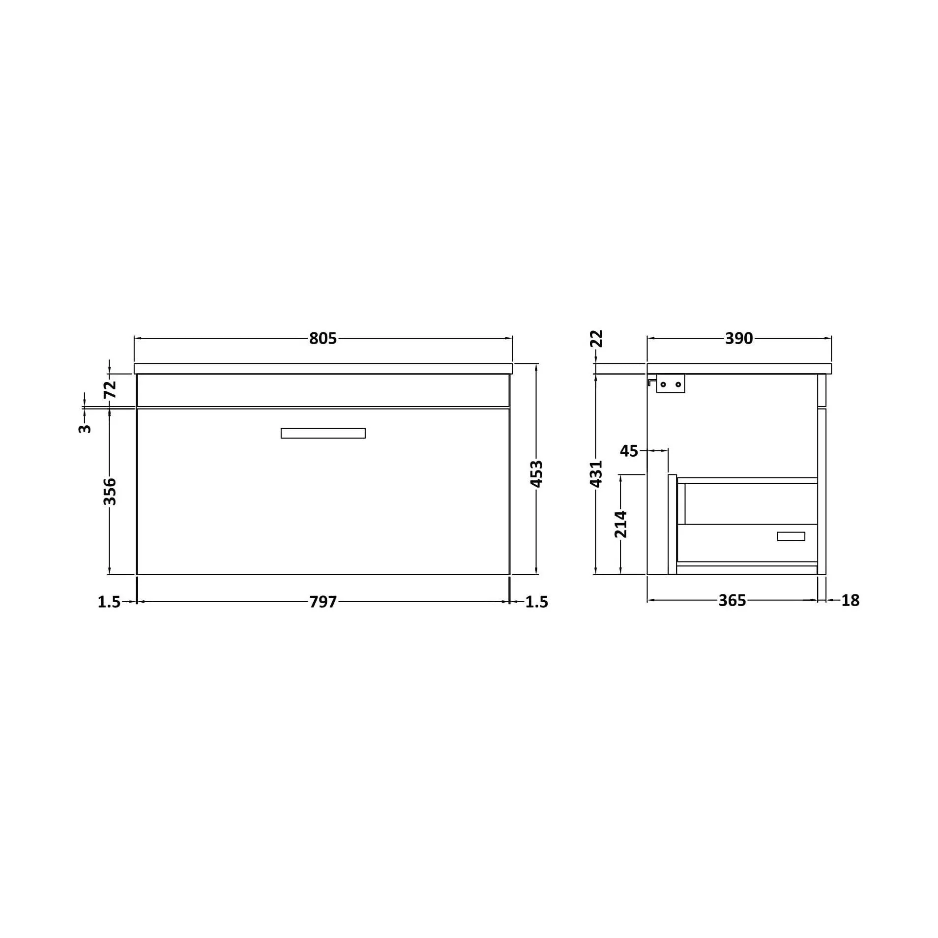 Millwich Contemporary 1 Drawer Wall Hung Vanity Unit with Laminate Black Galaxy Granite Worktop, Charcoal Black, 800mm - Image 2