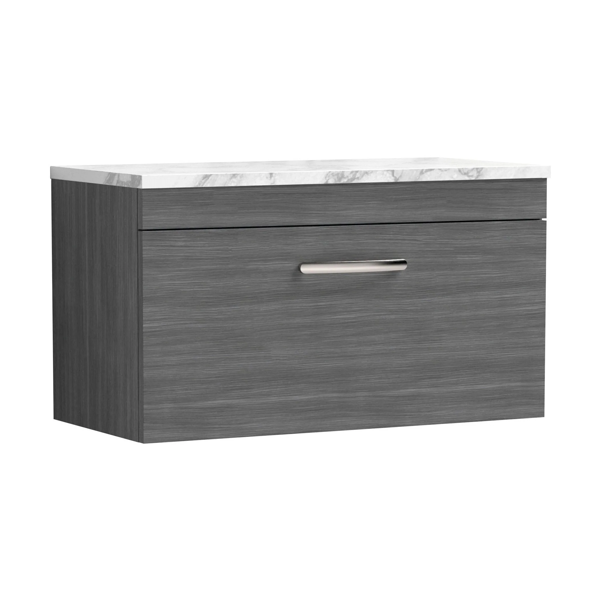 Millwich Contemporary 1 Drawer Wall Hung Vanity Unit with Laminate Carrara Marble Worktop, Anthracite Woodgrain, 800mm