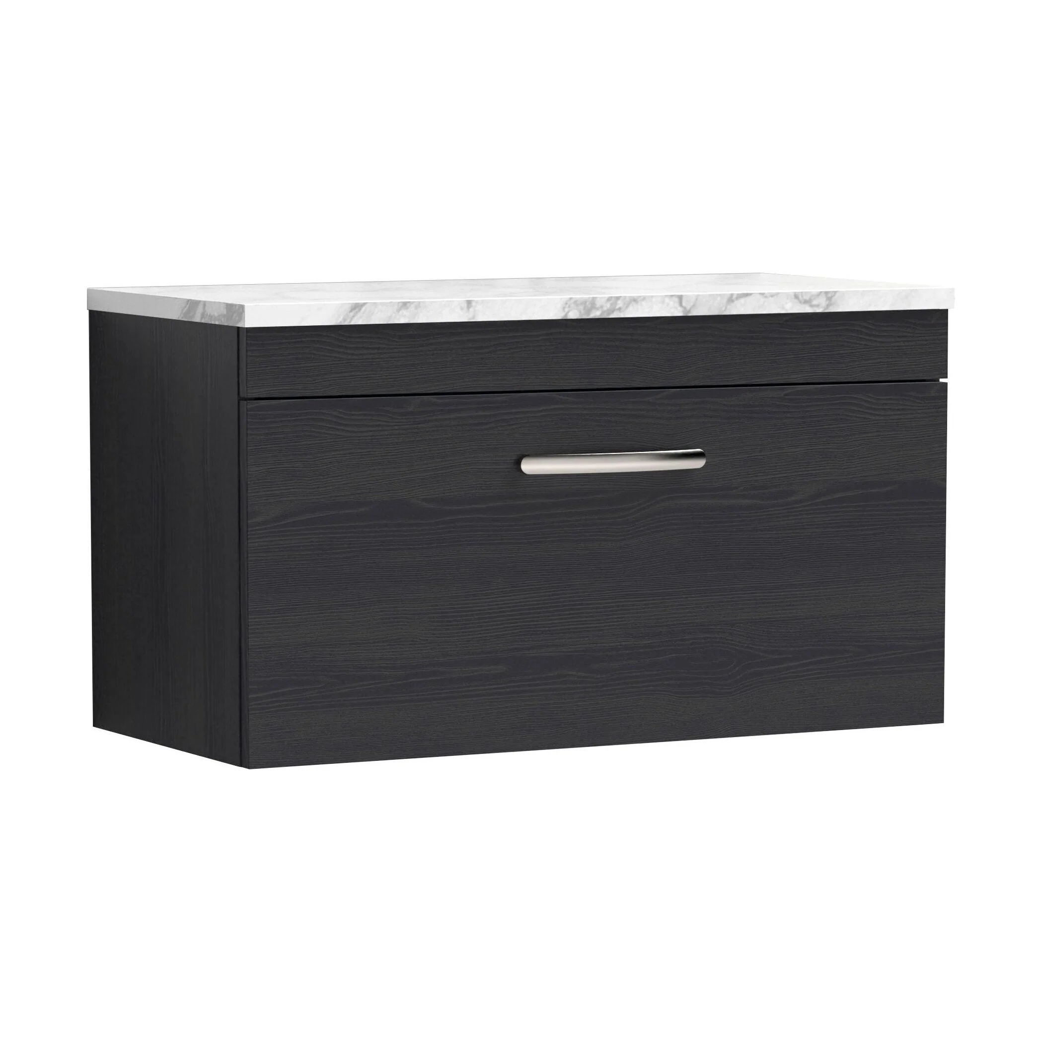 Millwich Contemporary 1 Drawer Wall Hung Vanity Unit with Laminate Carrara Marble Worktop, Charcoal Black, 800mm