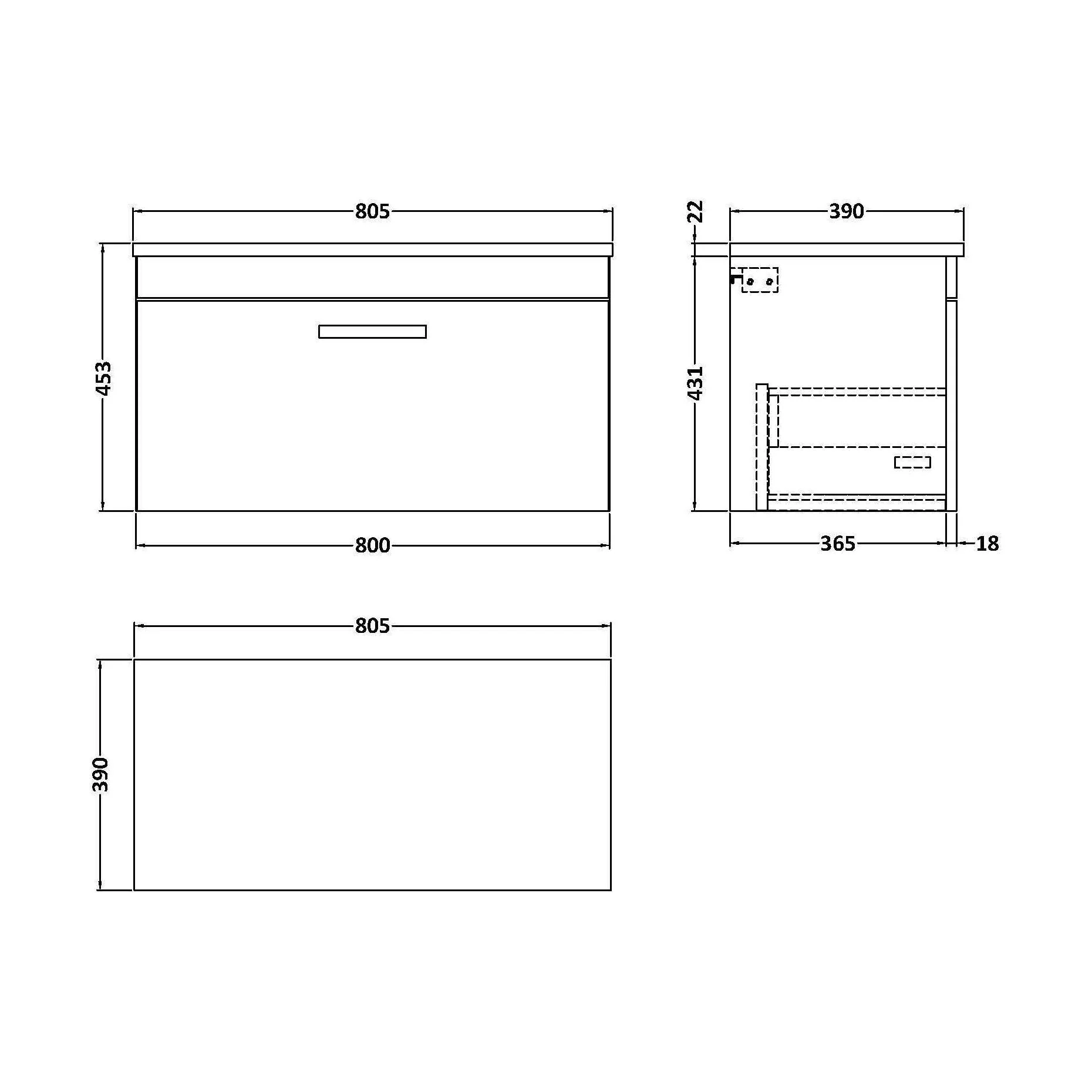 Millwich Contemporary 1 Drawer Wall Hung Vanity Unit with Laminate Carrara Marble Worktop, Charcoal Black, 800mm - Image 2