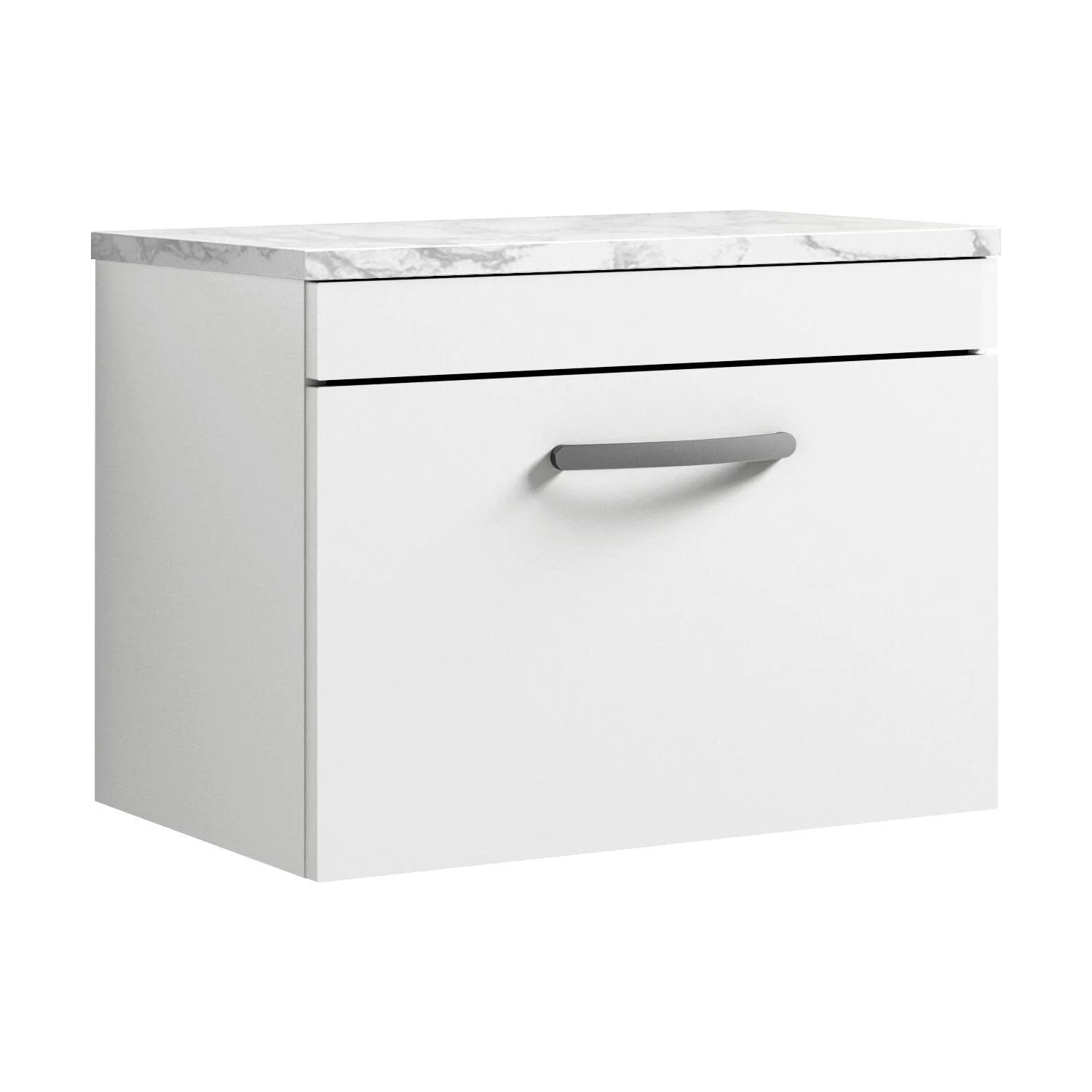Millwich Contemporary 1 Drawer Wall Hung Vanity Unit with Laminate Carrara Marble Worktop, Gloss White, 600mm