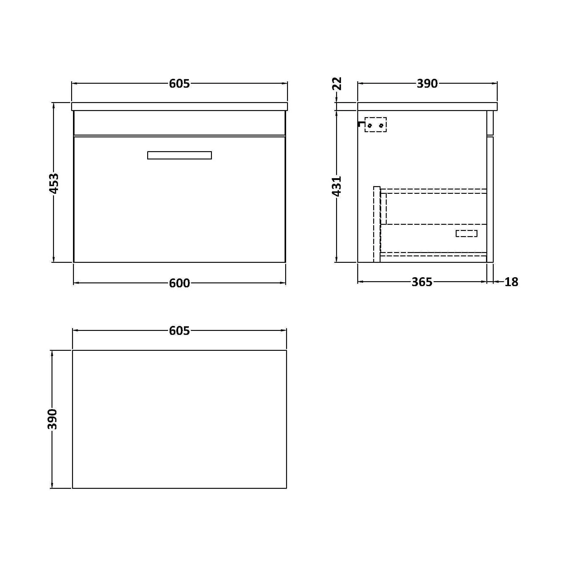 Millwich Contemporary 1 Drawer Wall Hung Vanity Unit with Laminate Carrara Marble Worktop, Gloss White, 600mm - Image 2